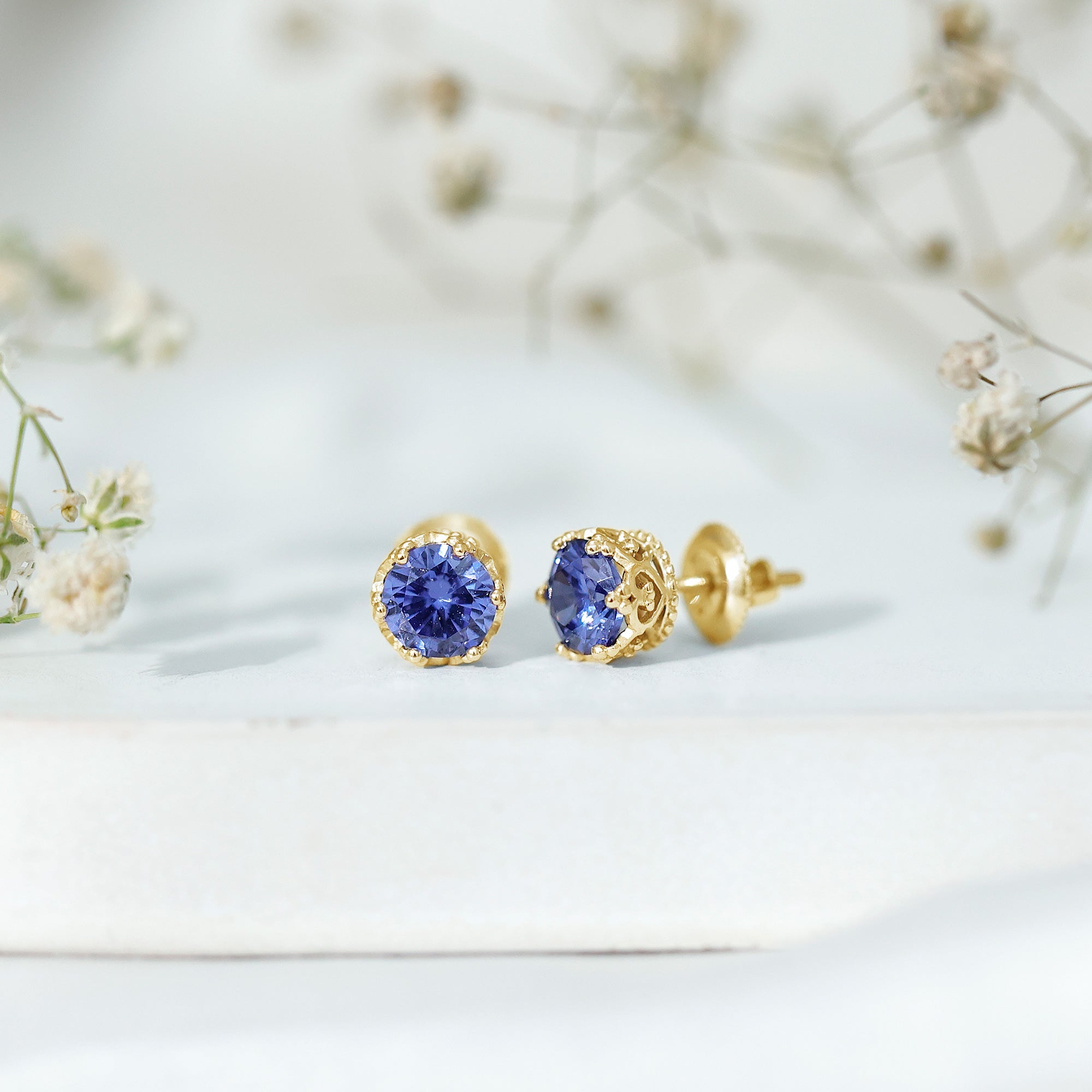 2 CT Created Blue Sapphire Solitaire Crown Stud Earrings AAAA - Rosec Jewels
