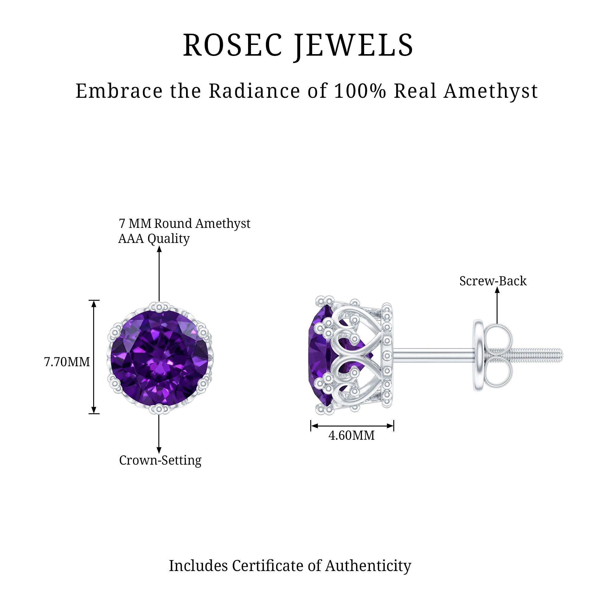 Genuine Amethyst Stud Earrings with Certificate AAA - Rosec Jewels