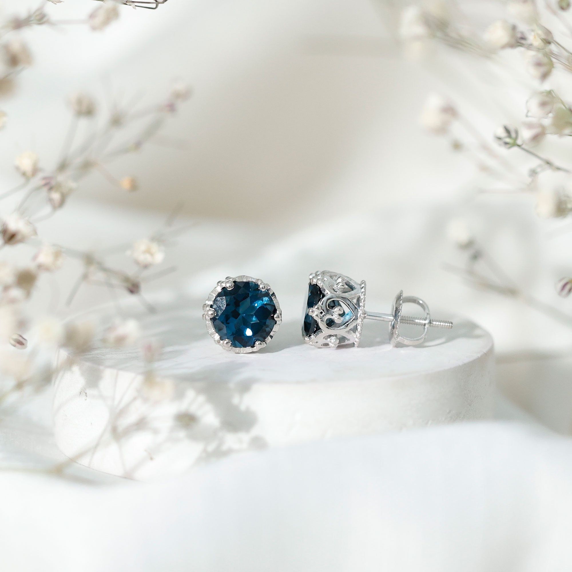 2.7 Carat Round Cut London Blue Topaz Crown Stud Earrings AAA - Rosec Jewels