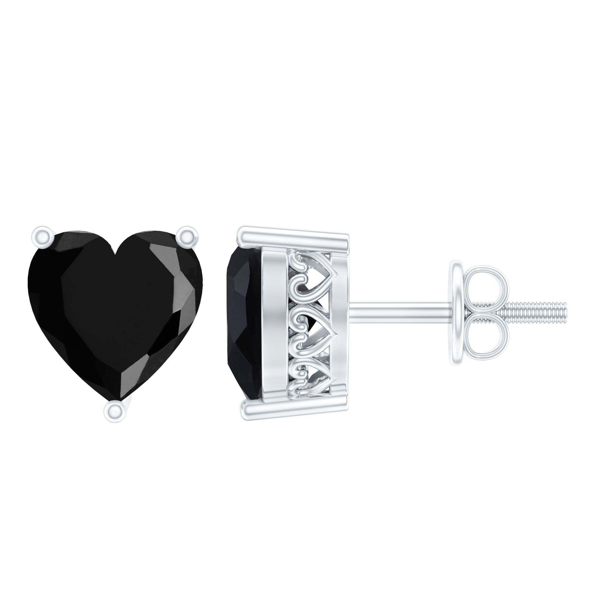 Heart Shape Black Onyx Solitaire Stud Earrings in 3 Prong Setting