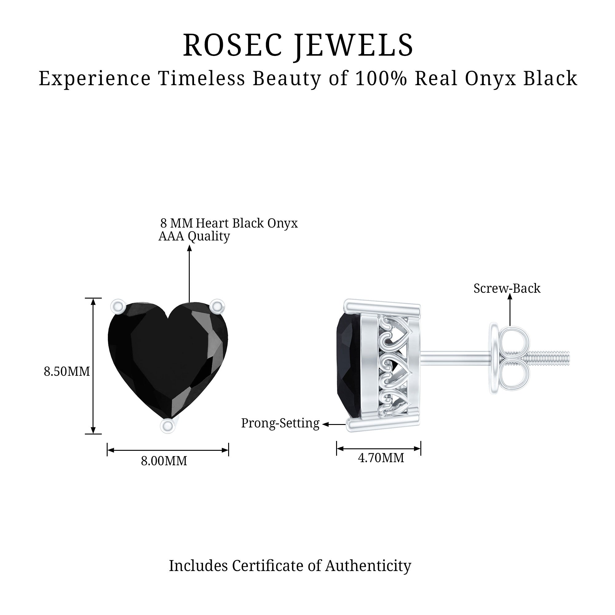 Heart Shape Black Onyx Solitaire Stud Earrings in 3 Prong Setting AAA - Rosec Jewels