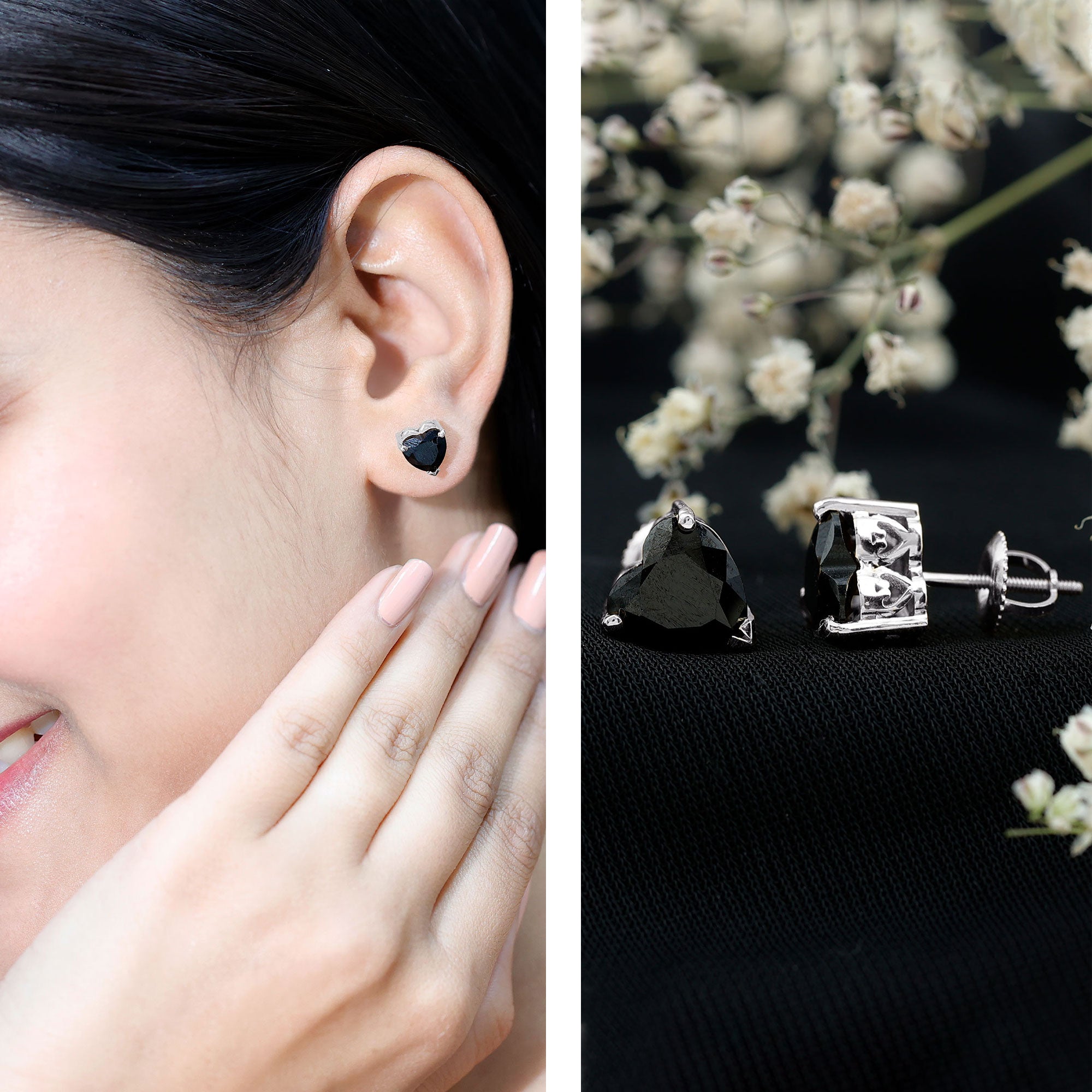 Heart Shape Black Onyx Solitaire Stud Earrings in 3 Prong Setting AAA - Rosec Jewels
