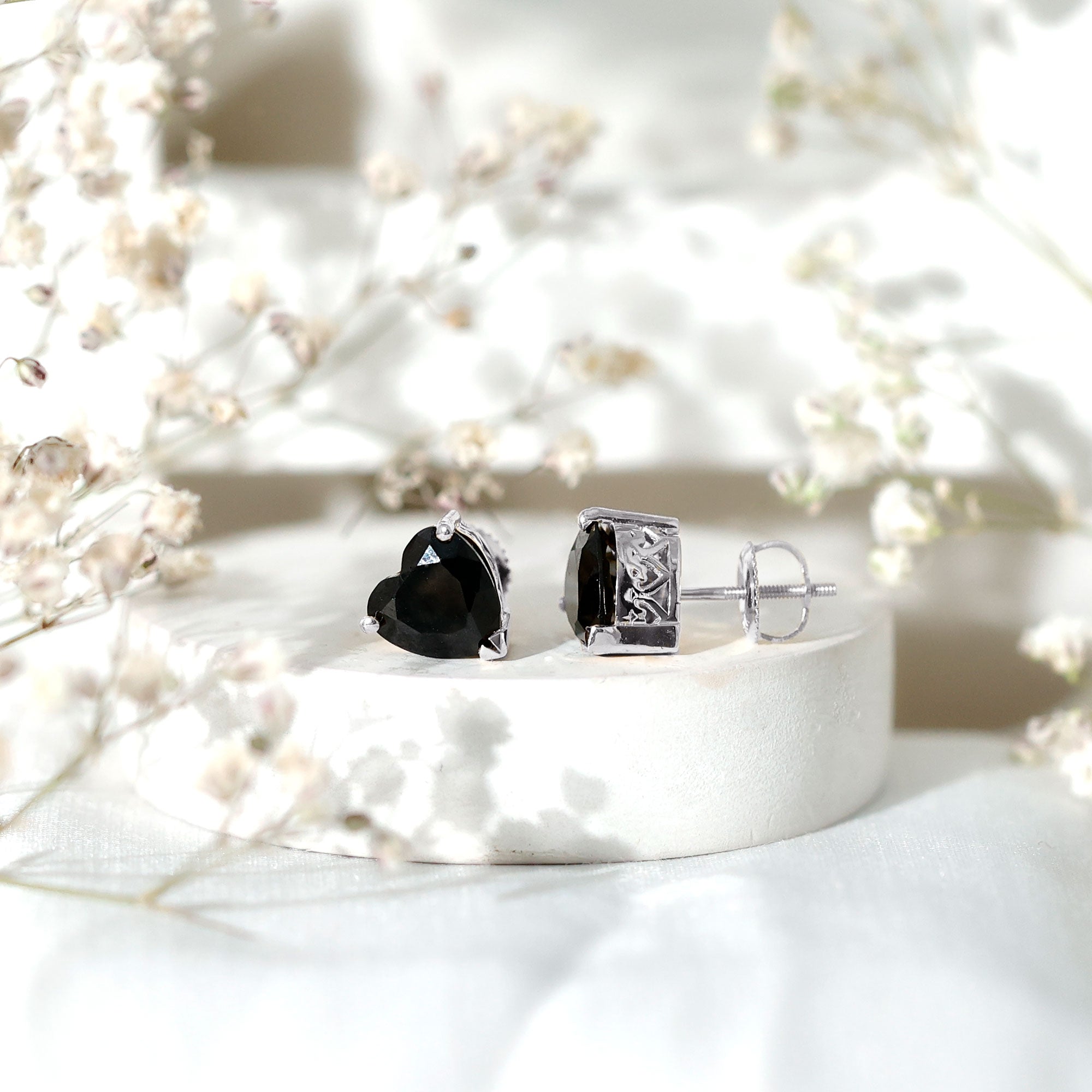 Heart Shape Black Onyx Solitaire Stud Earrings in 3 Prong Setting AAA - Rosec Jewels