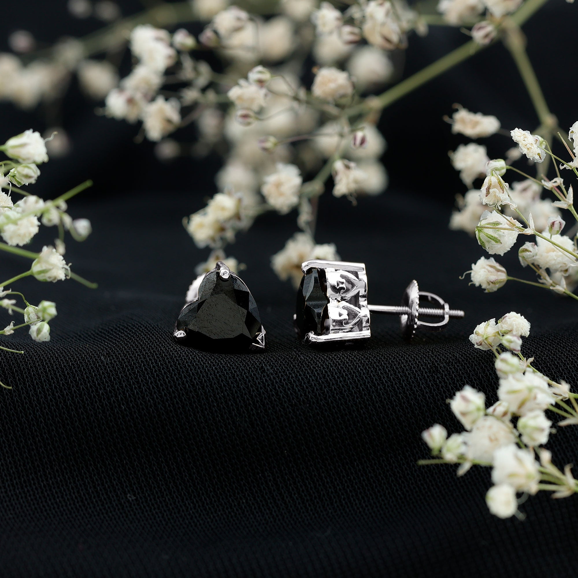 Heart Shape Black Onyx Solitaire Stud Earrings in 3 Prong Setting AAA - Rosec Jewels