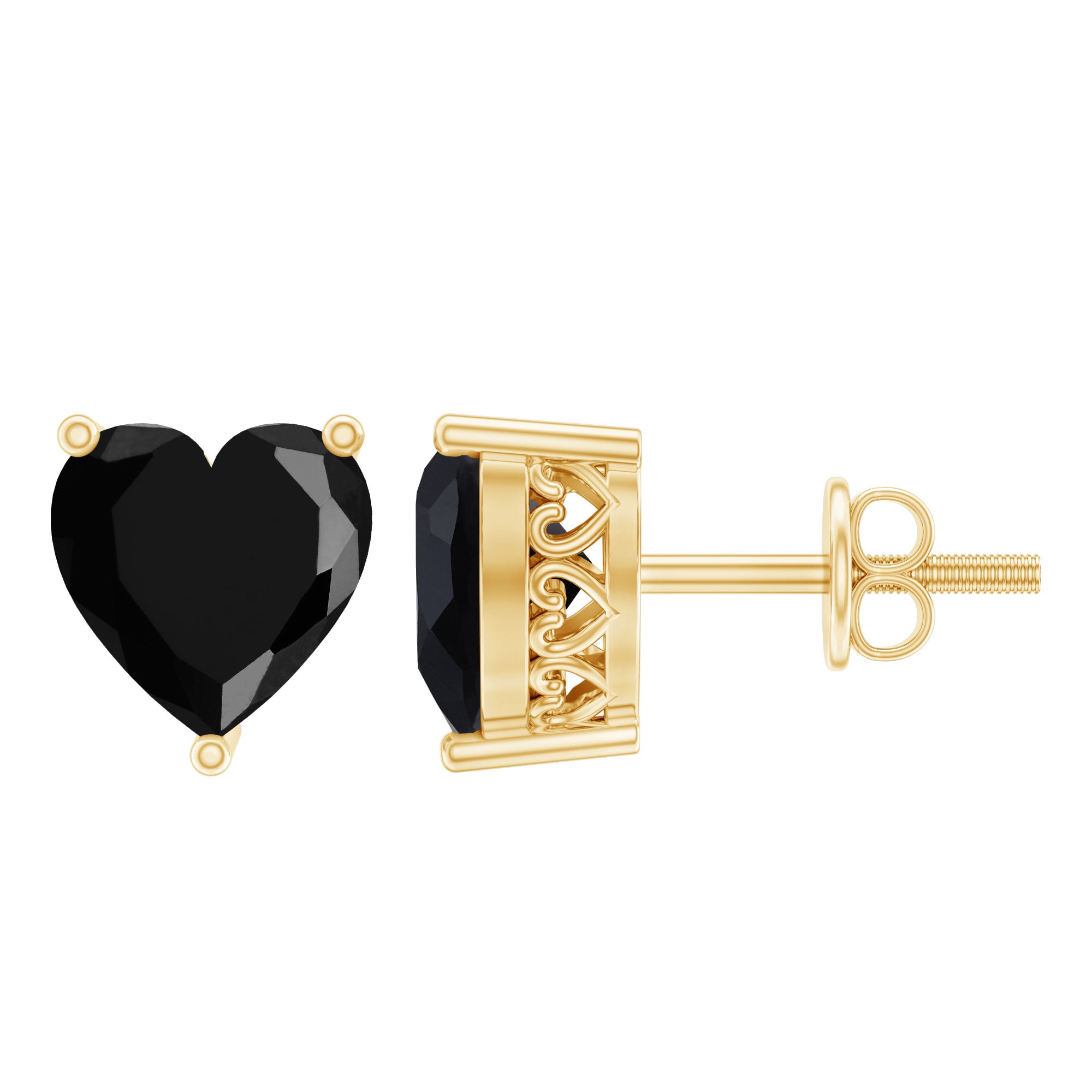 Heart Shape Black Onyx Solitaire Stud Earrings in 3 Prong Setting AAA - Rosec Jewels