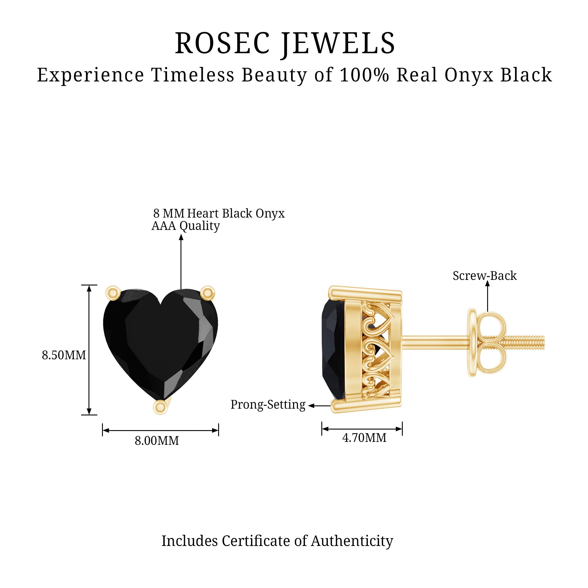 Heart Shape Black Onyx Solitaire Stud Earrings in 3 Prong Setting AAA - Rosec Jewels