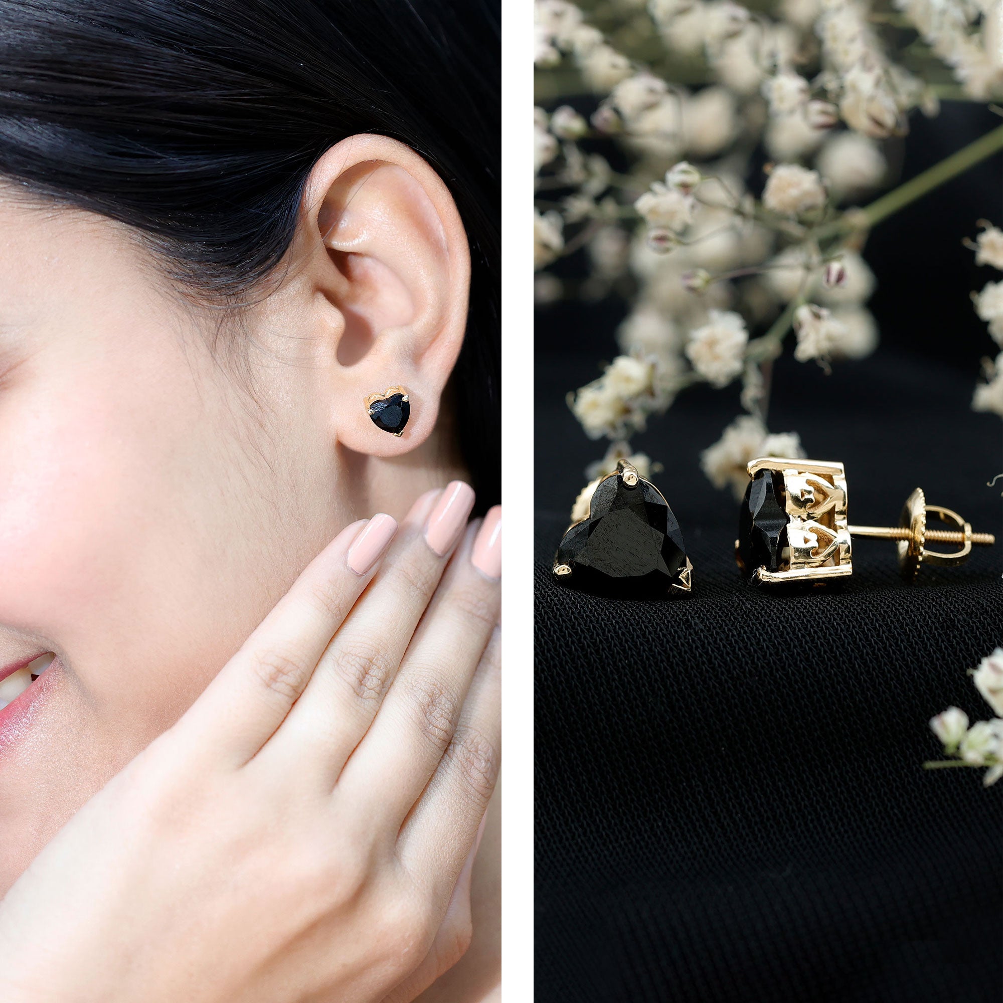 Heart Shape Black Onyx Solitaire Stud Earrings in 3 Prong Setting AAA - Rosec Jewels