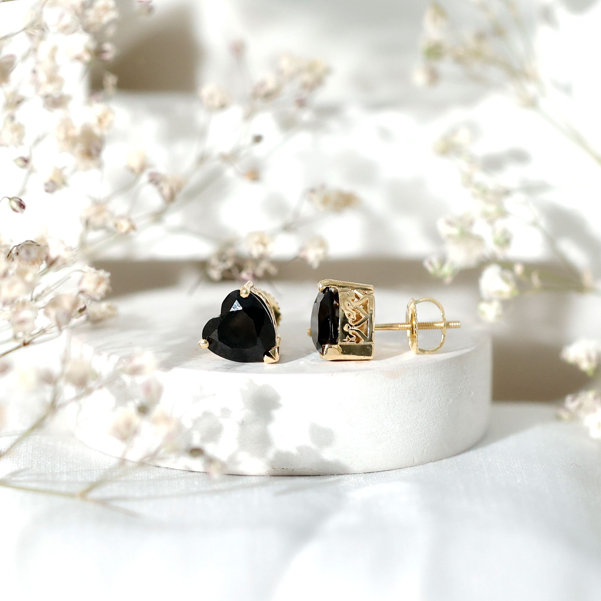Heart Shape Black Onyx Solitaire Stud Earrings in 3 Prong Setting AAA - Rosec Jewels