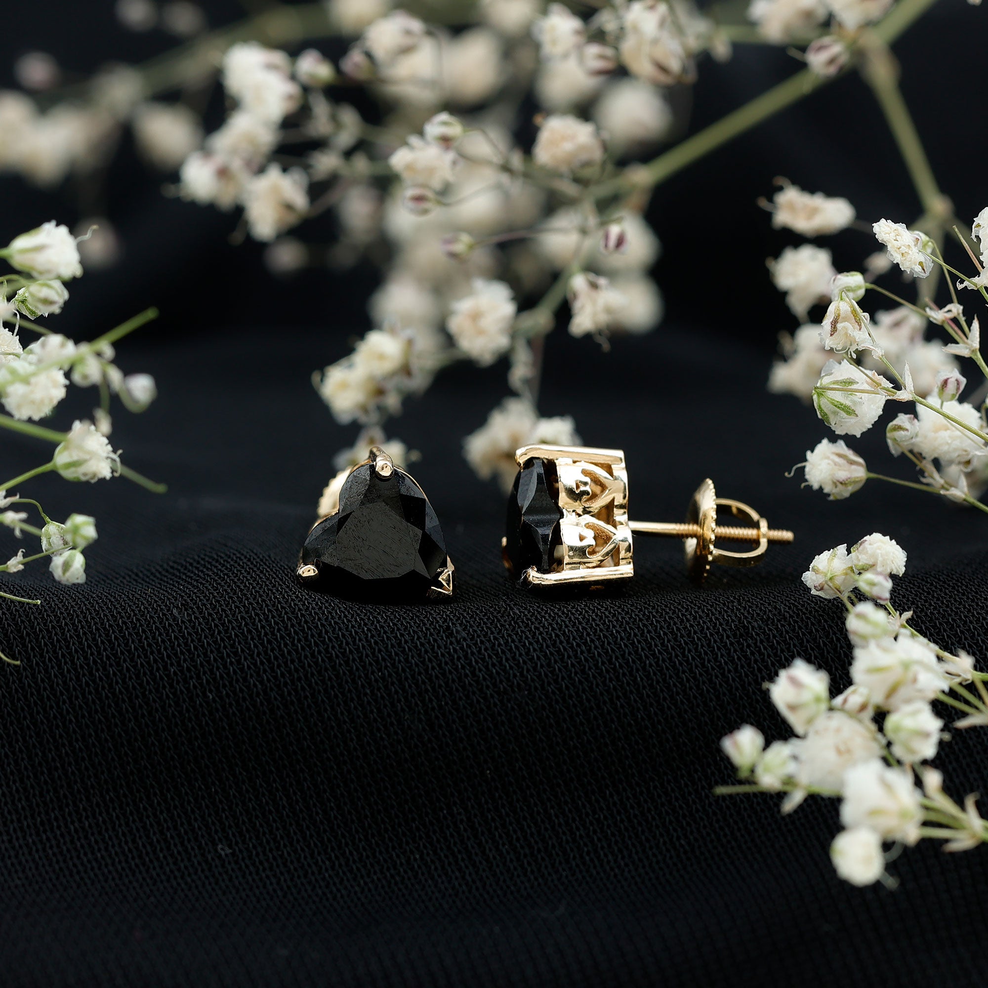 Heart Shape Black Onyx Solitaire Stud Earrings in 3 Prong Setting AAA - Rosec Jewels