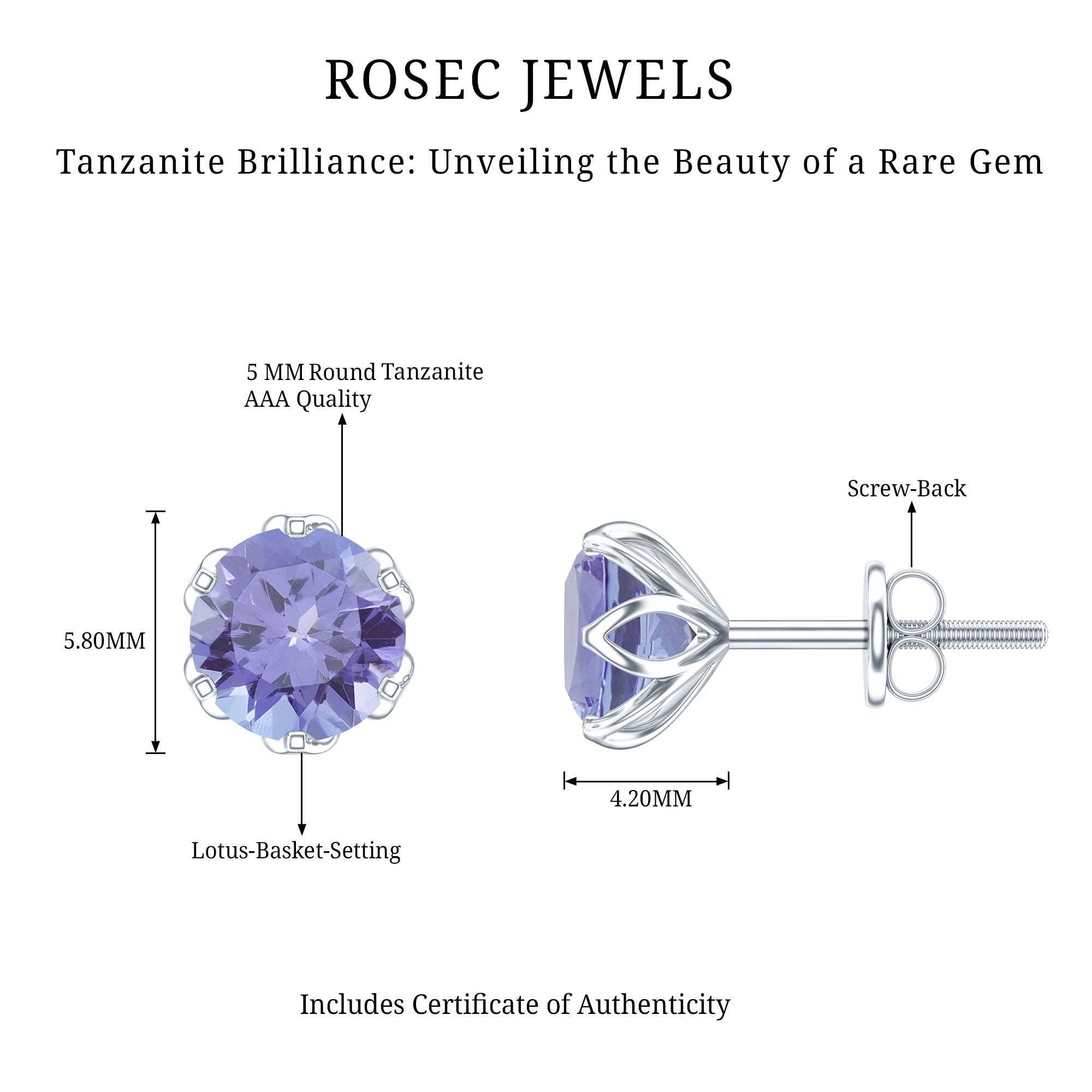 1 Carat Round Cut Tanzanite Solitaire Stud Earrings for Women AAA - Rosec Jewels