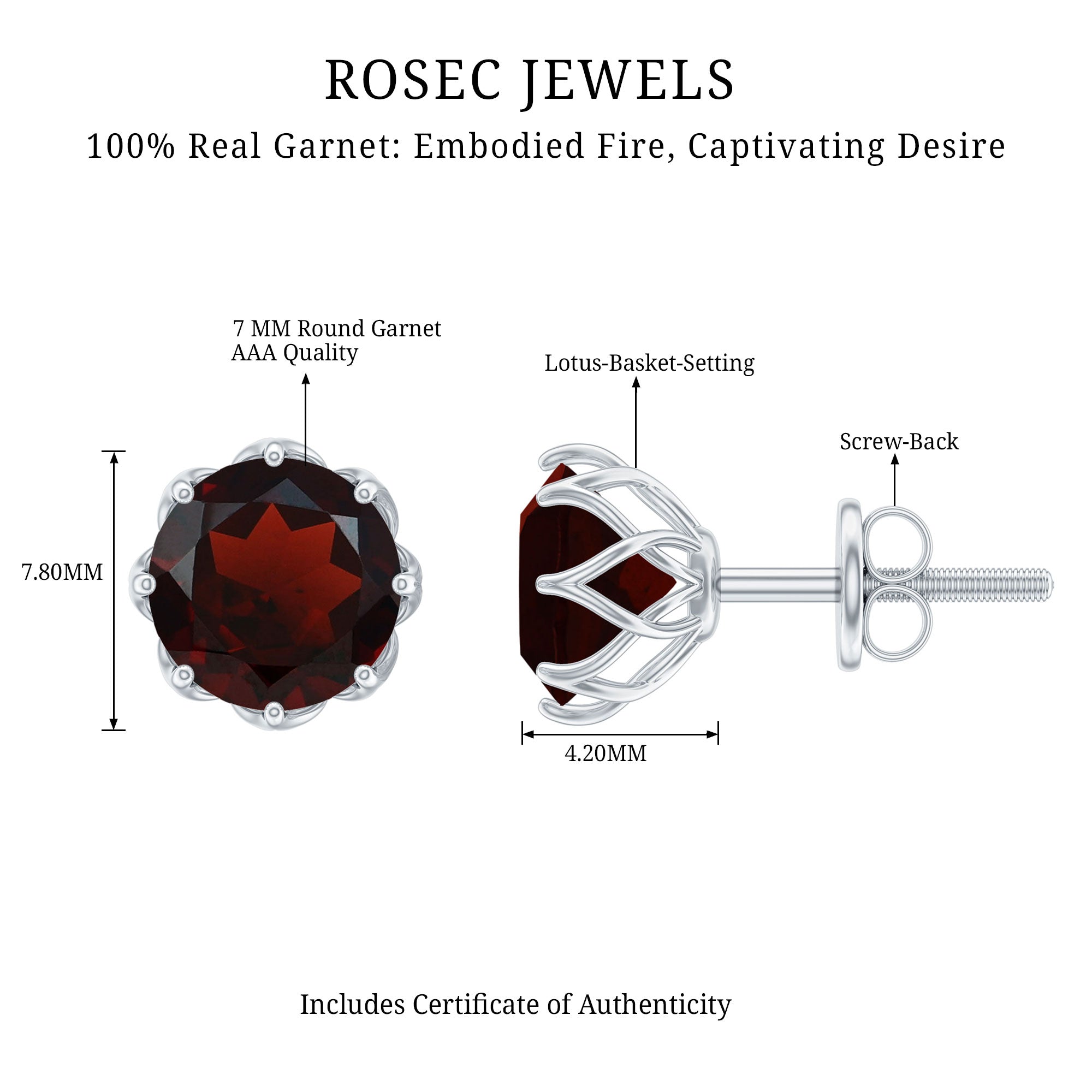 Genuine 3.4 Carat Round Cut Garnet Solitaire Stud Earrings AAA - Rosec Jewels