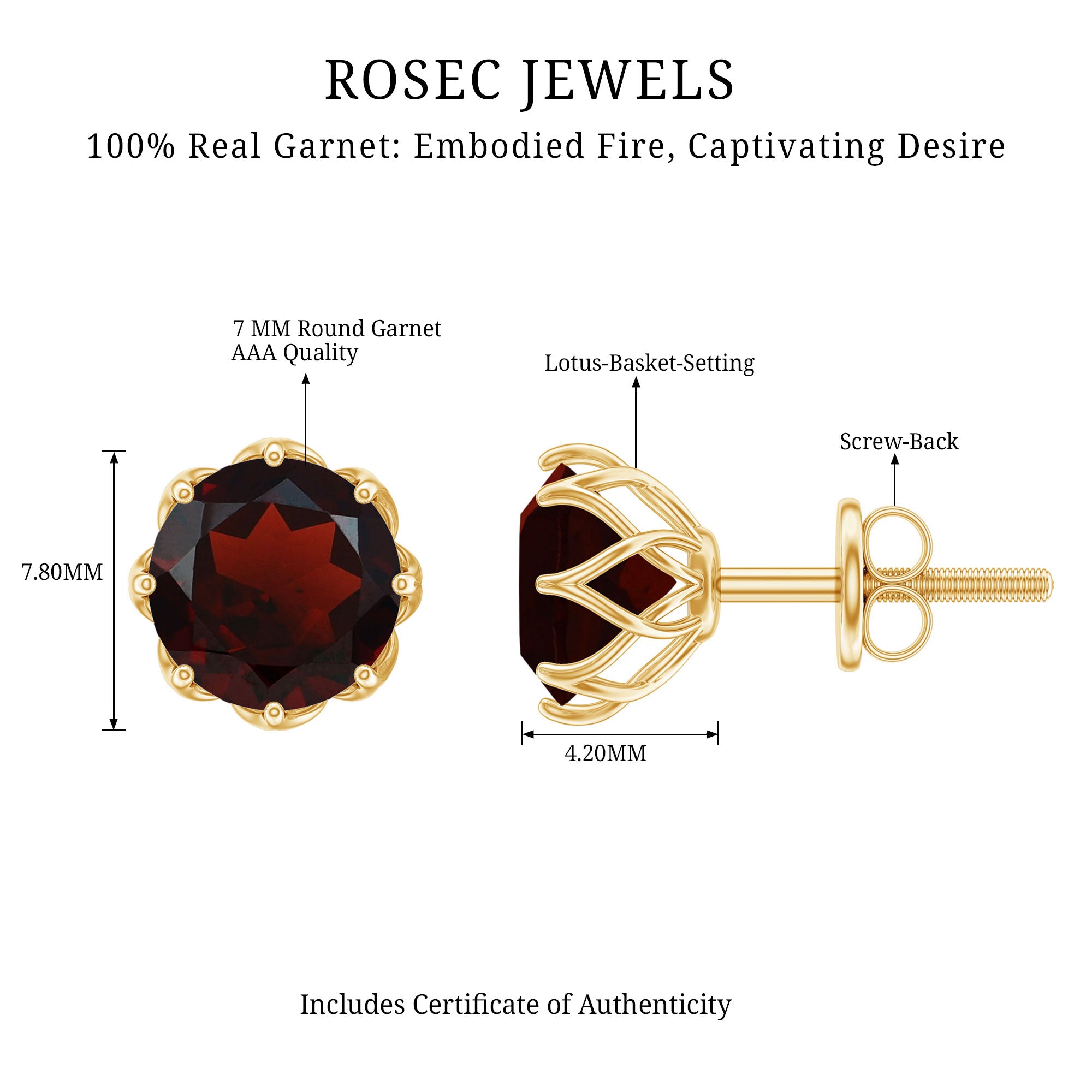 Genuine 3.4 Carat Round Cut Garnet Solitaire Stud Earrings AAA - Rosec Jewels