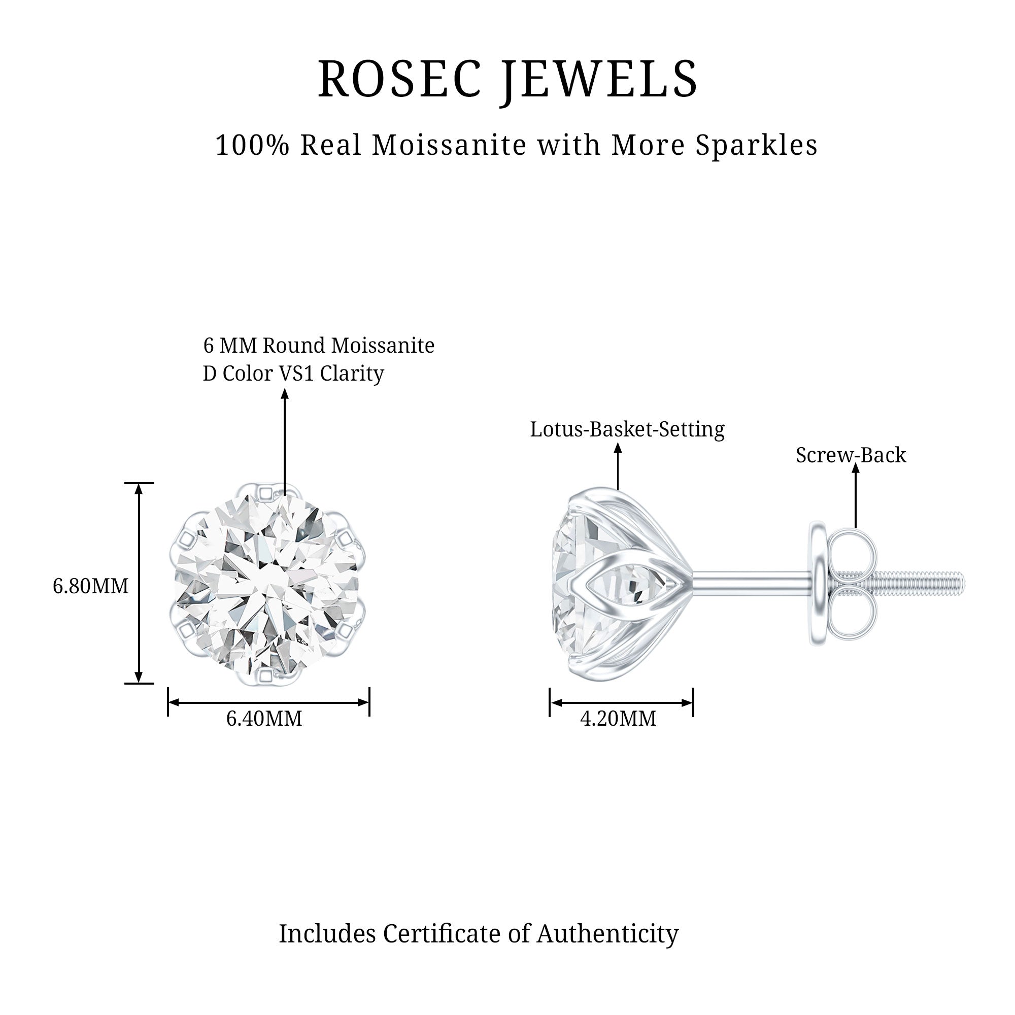 Moissanite Solitaire Stud Earrings in Lotus Basket Setting D-VS1 - Rosec Jewels