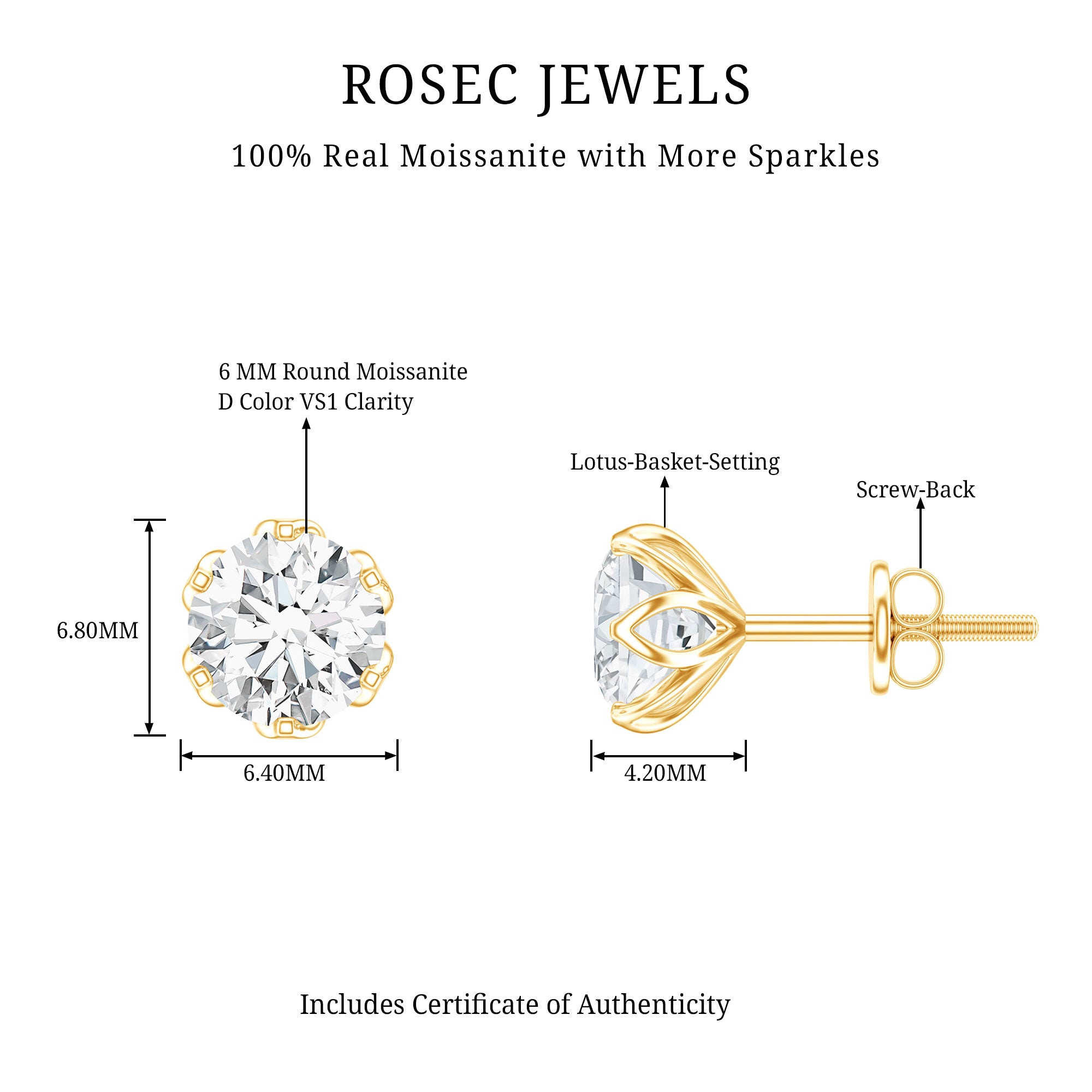 Moissanite Solitaire Stud Earrings in Lotus Basket Setting D-VS1 - Rosec Jewels