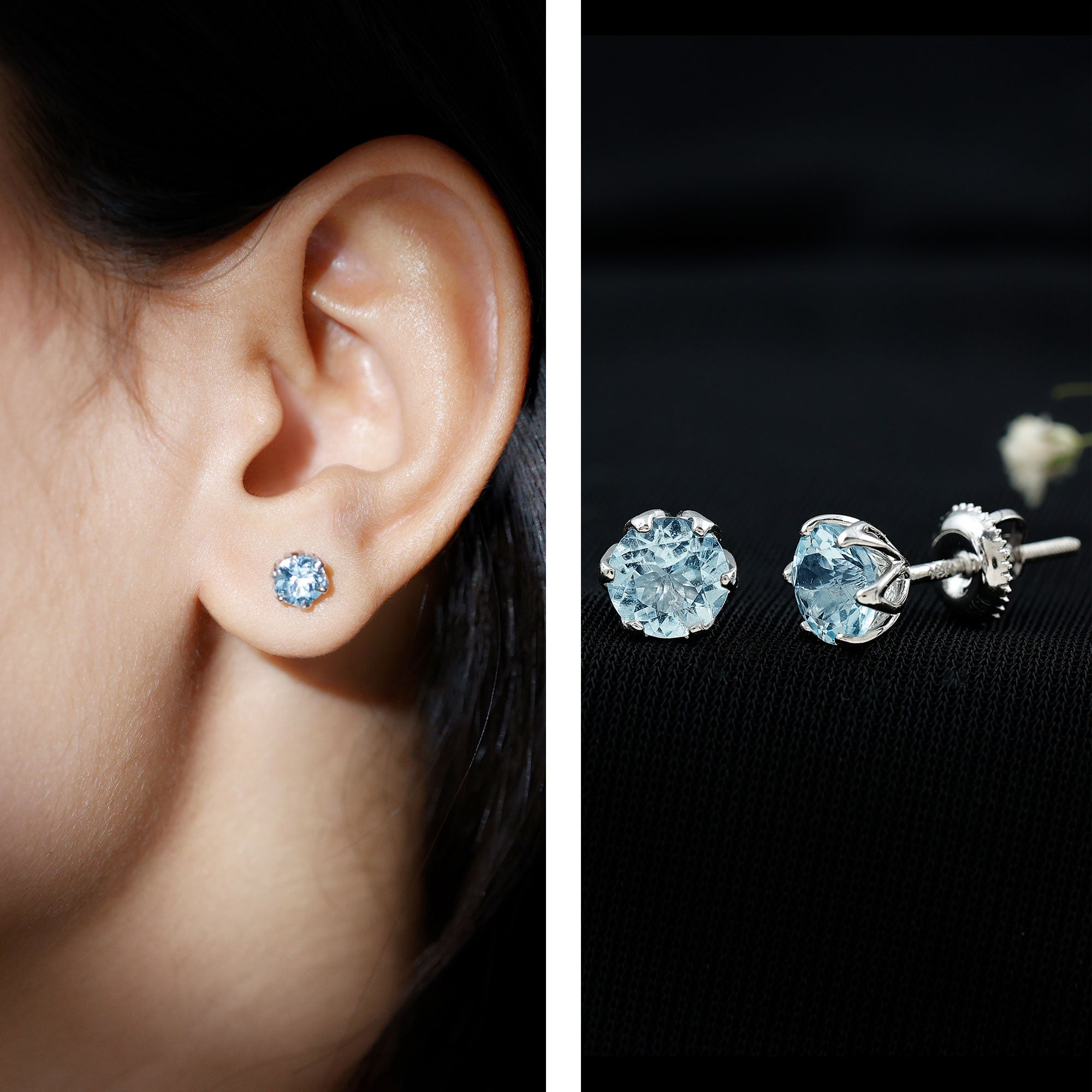 Lotus Basket Set Aquamarine Stud Earrings for Her AAA - Rosec Jewels