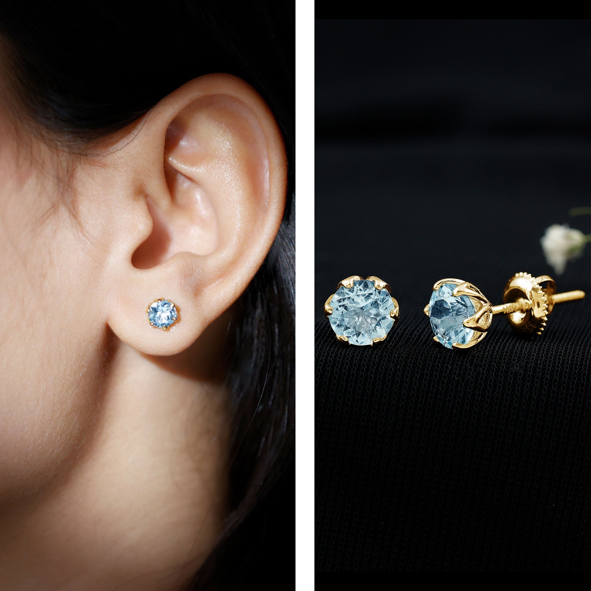 Lotus Basket Set Aquamarine Stud Earrings for Her AAA - Rosec Jewels
