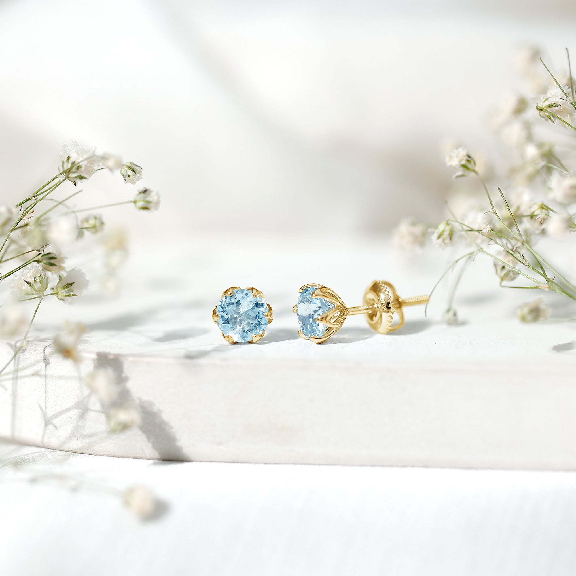 Lotus Basket Set Aquamarine Stud Earrings for Her AAA - Rosec Jewels