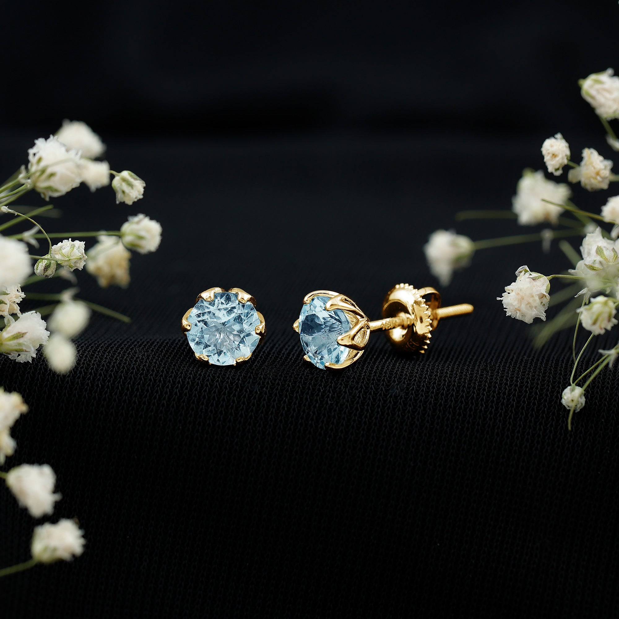 Lotus Basket Set Aquamarine Stud Earrings for Her AAA - Rosec Jewels