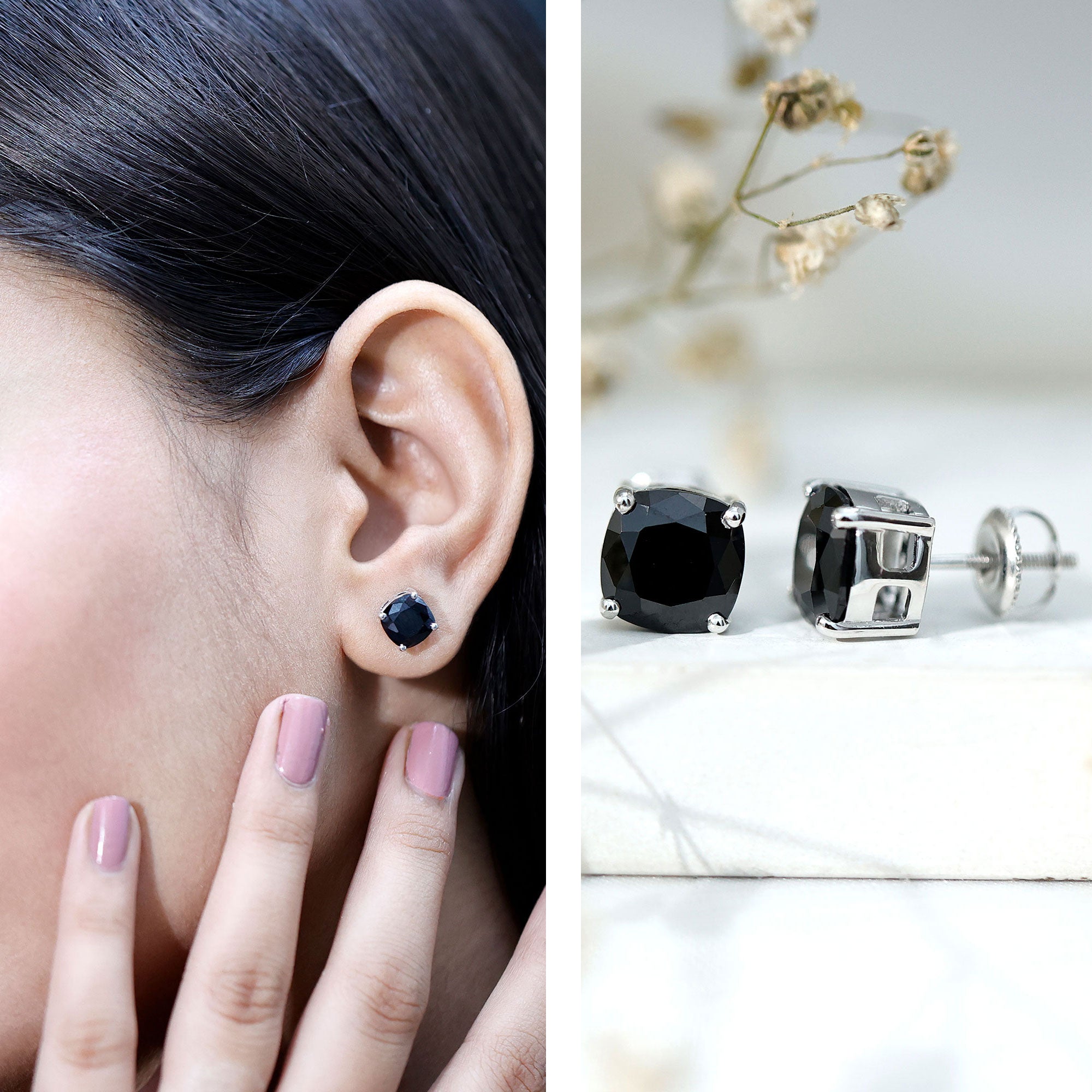 8MM Cushion Cut Created Black Diamond Stud Earrings AAAA ( Synthetic ) - Rosec Jewels