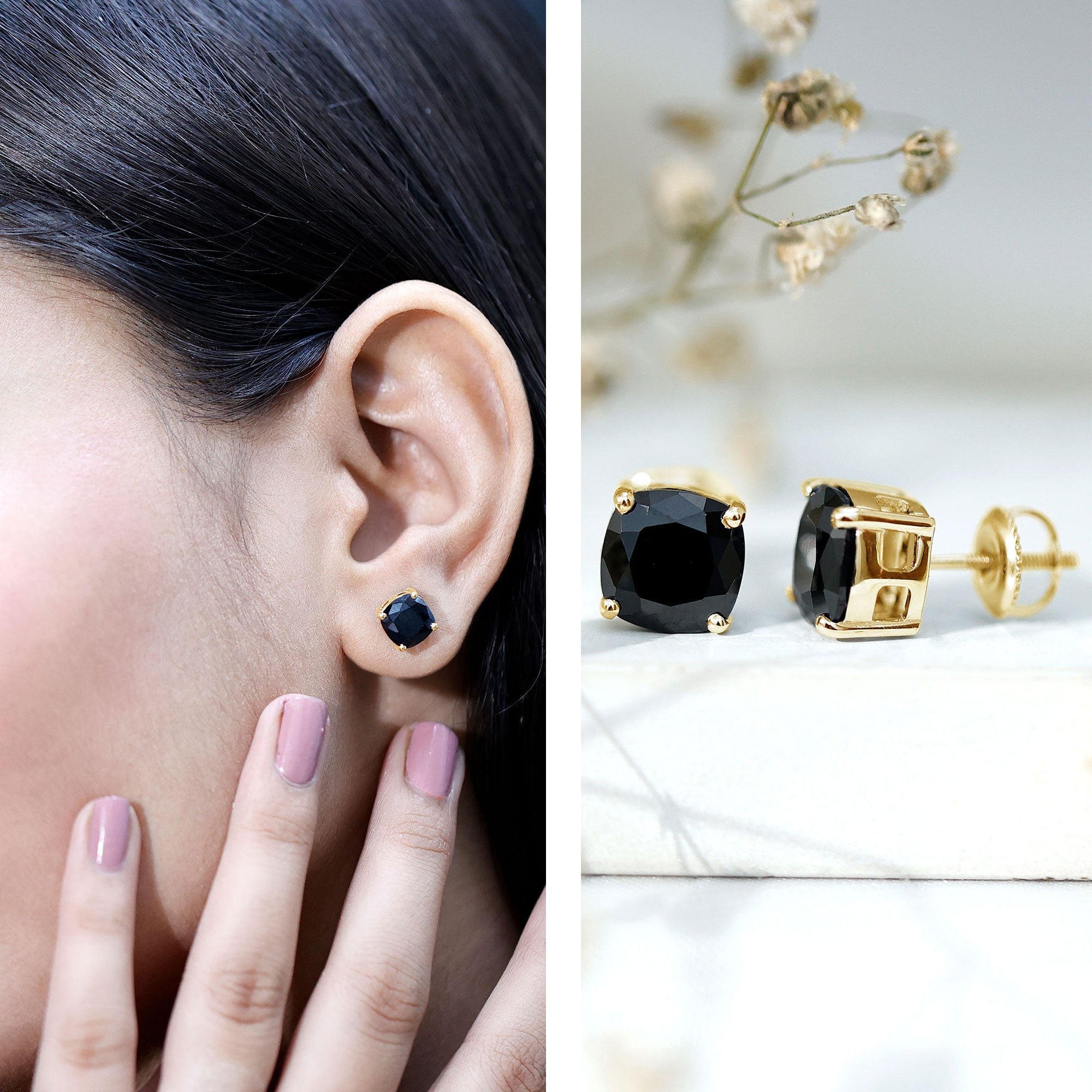 8MM Cushion Cut Created Black Diamond Stud Earrings AAAA ( Synthetic ) - Rosec Jewels