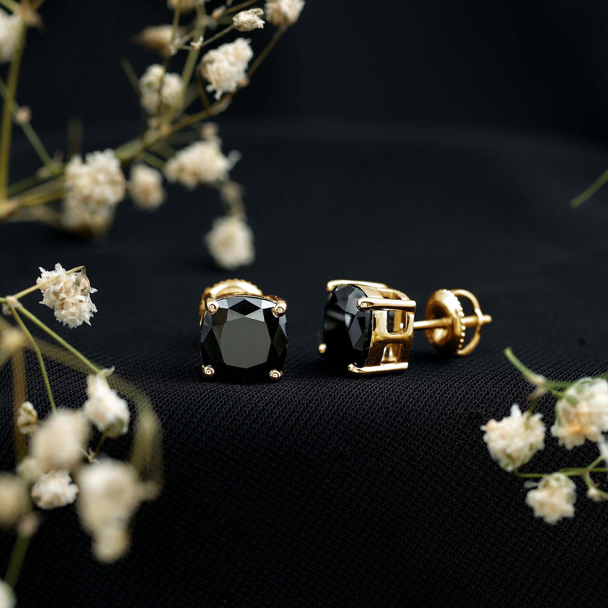 8MM Cushion Cut Created Black Diamond Stud Earrings AAAA ( Synthetic ) - Rosec Jewels