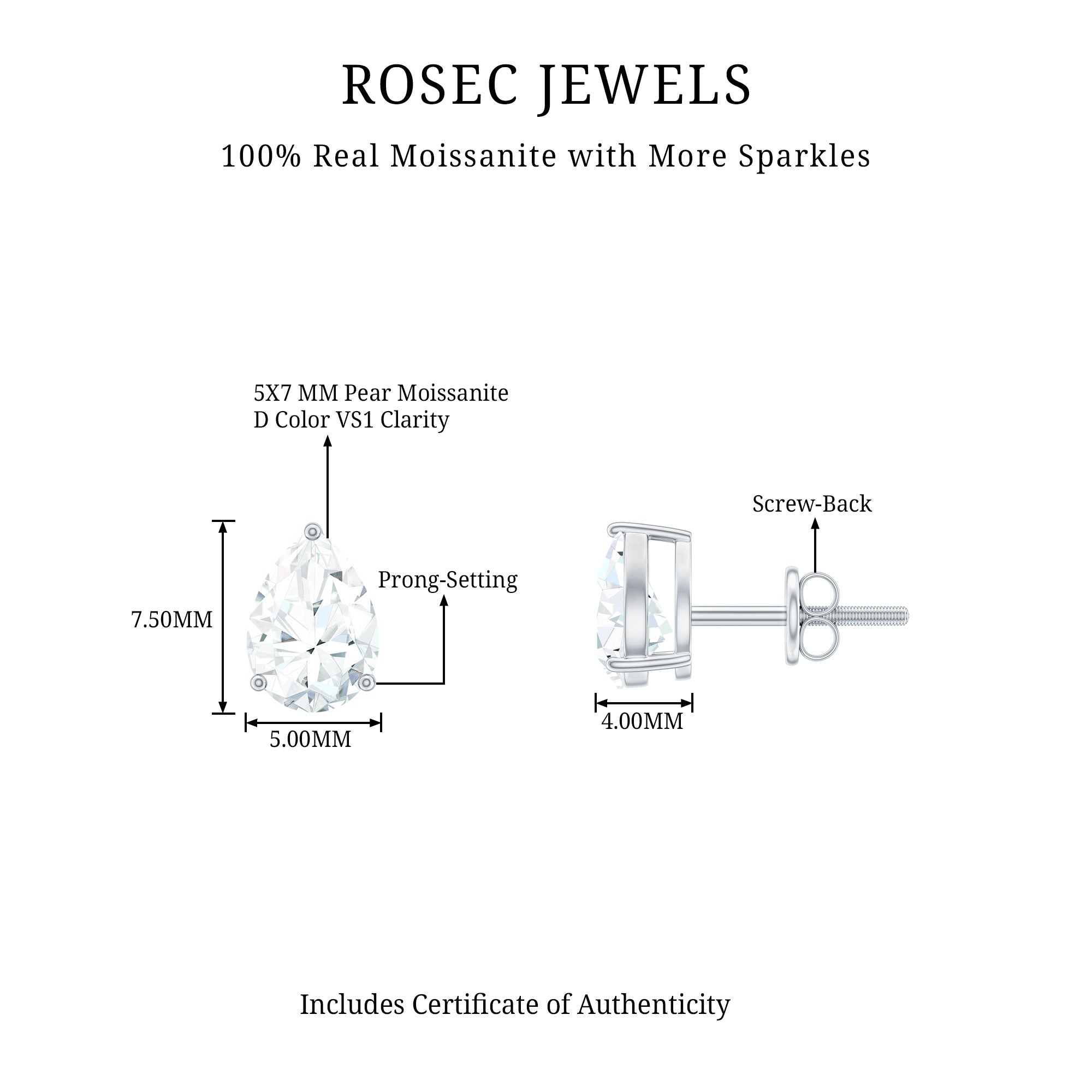 5X7MM Pear Cut Moissanite Teardrop Stud Earrings D-VS1 - Rosec Jewels