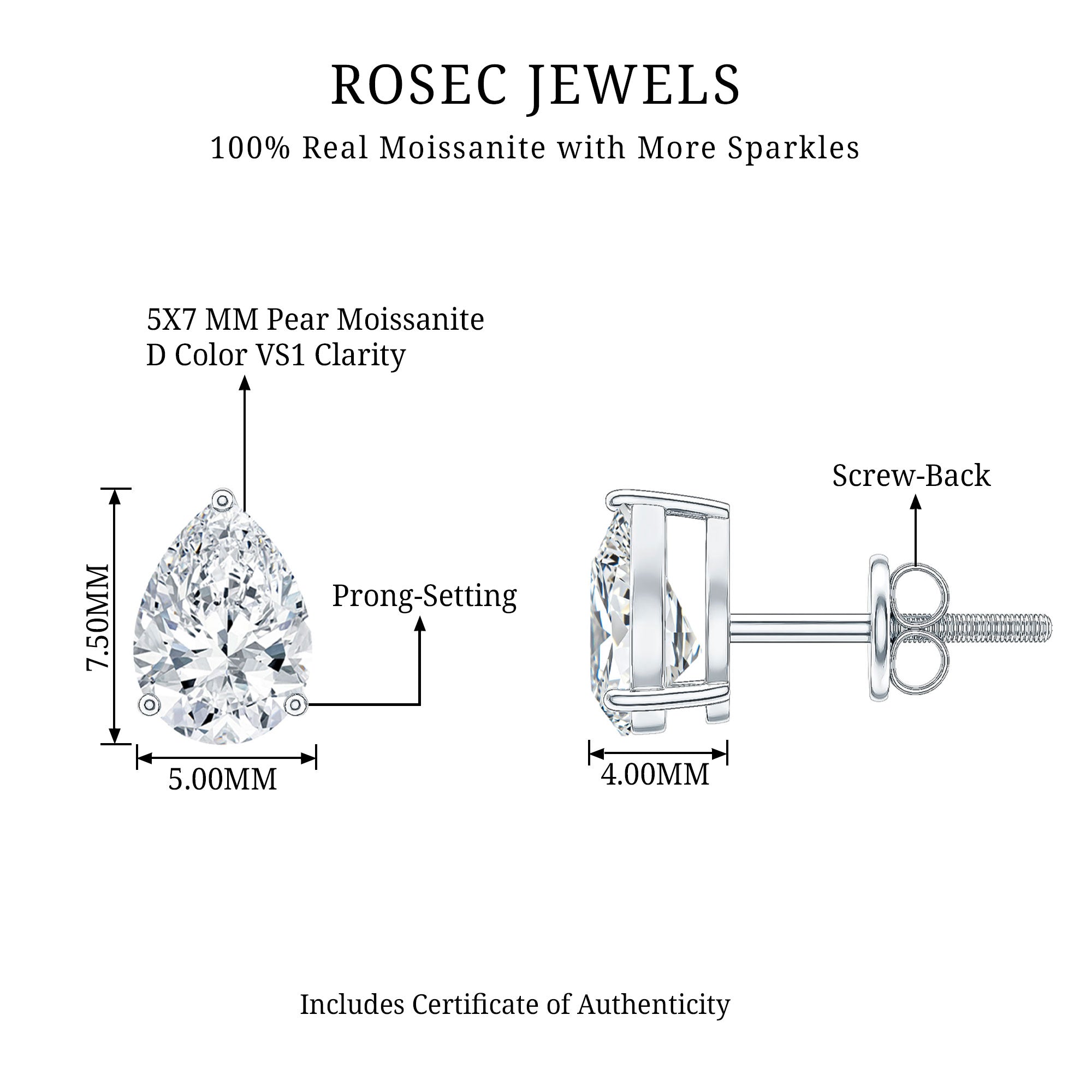 1.5 Carat Pear Cut Moissanite Teardrop Stud Earrings D-VS1 - Rosec Jewels
