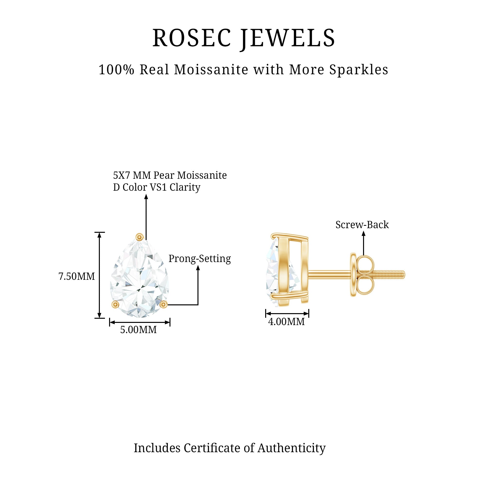 5X7MM Pear Cut Moissanite Teardrop Stud Earrings D-VS1 - Rosec Jewels