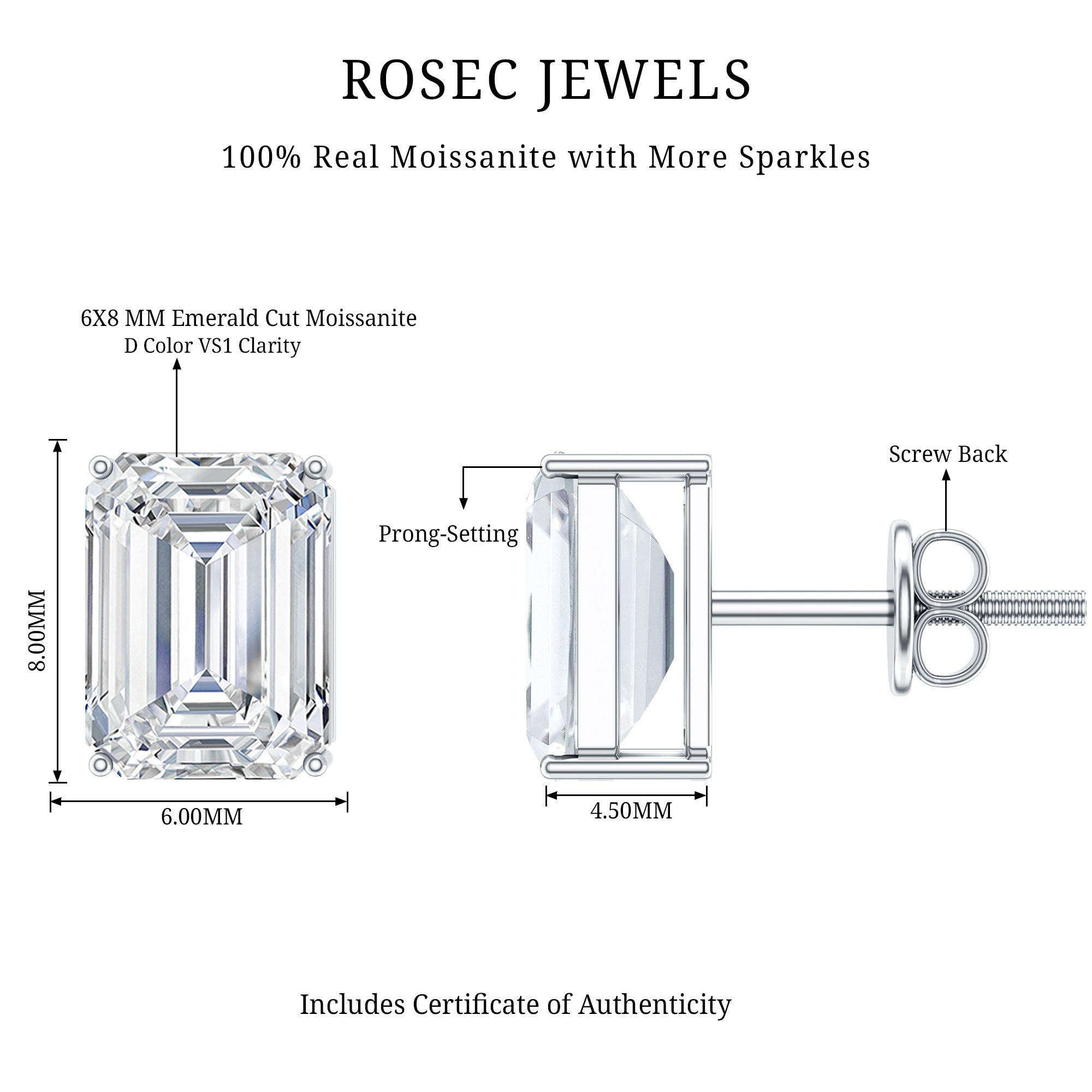 Certified Moissanite Emerald Cut Stud Earrings For Women D-VS1 - Rosec Jewels