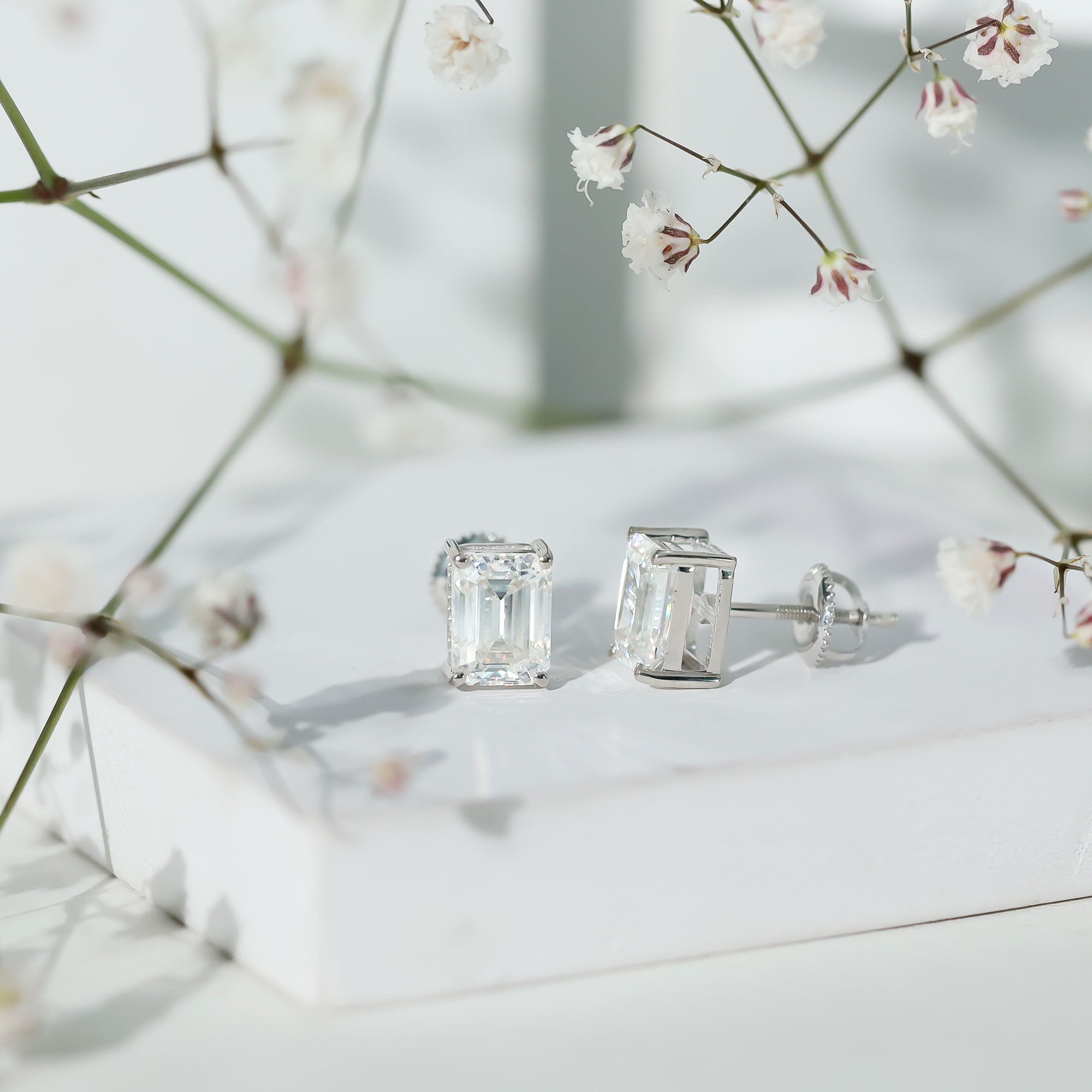 Certified Moissanite Emerald Cut Stud Earrings For Women D-VS1 - Rosec Jewels