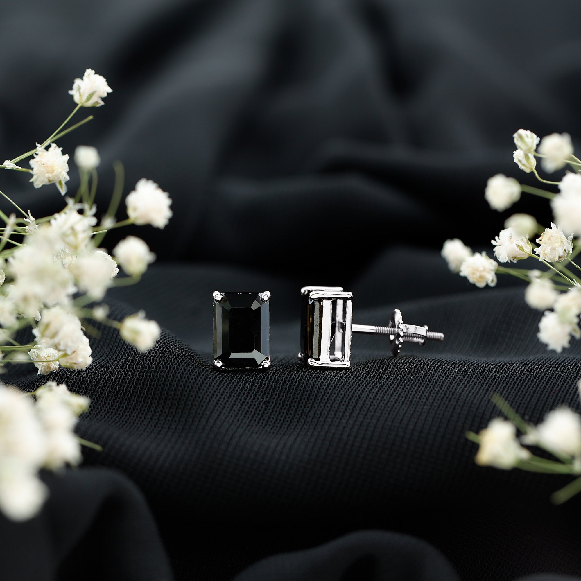 3.36 Carat Lab Created Black Diamond Emerald Cut Stud Earrings AAAA ( Synthetic ) - Rosec Jewels