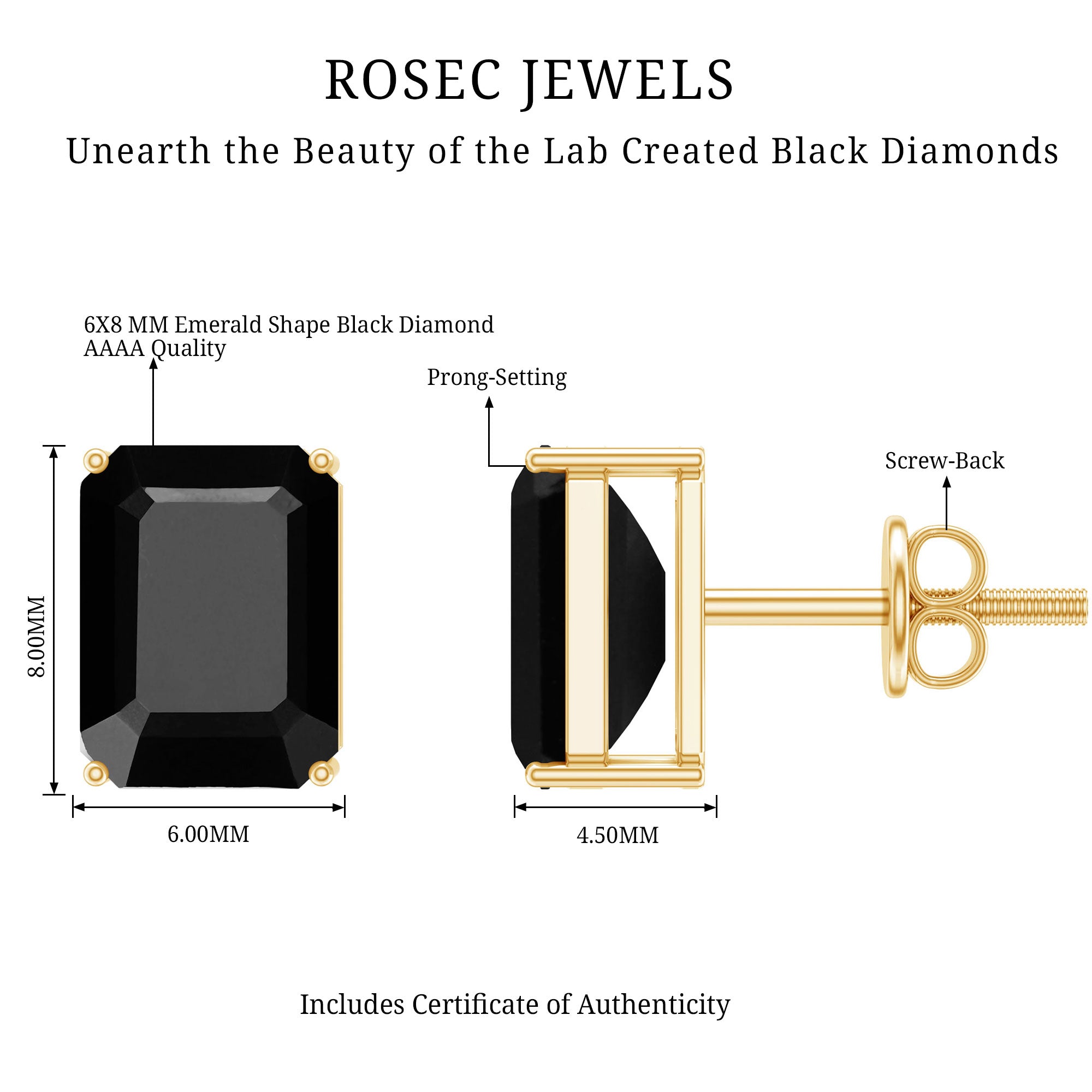 3.36 Carat Lab Created Black Diamond Emerald Cut Stud Earrings AAAA ( Synthetic ) - Rosec Jewels