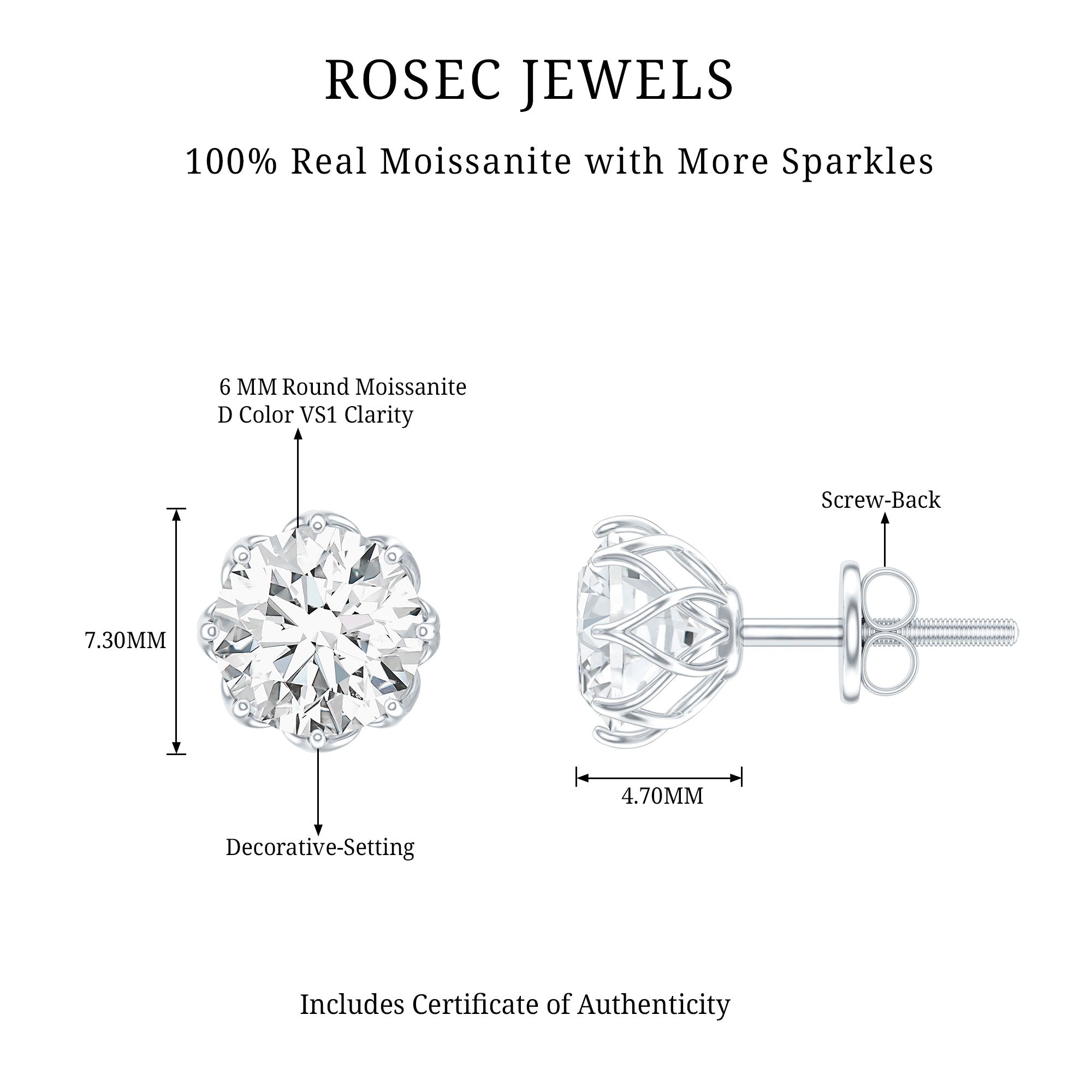 Certified Brilliant Cut 2 CT Moissanite Solitaire Stud Earrings D-VS1 - Rosec Jewels