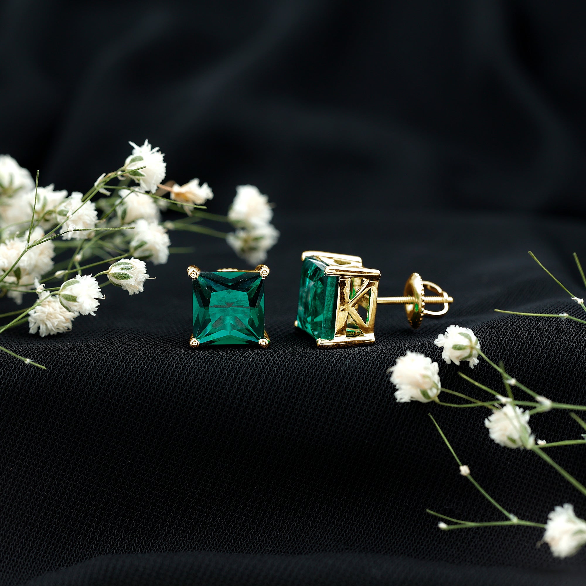 4 Carat Princess Cut Lab Grown Emerald Solitaire Stud Earrings AAAA - Rosec Jewels