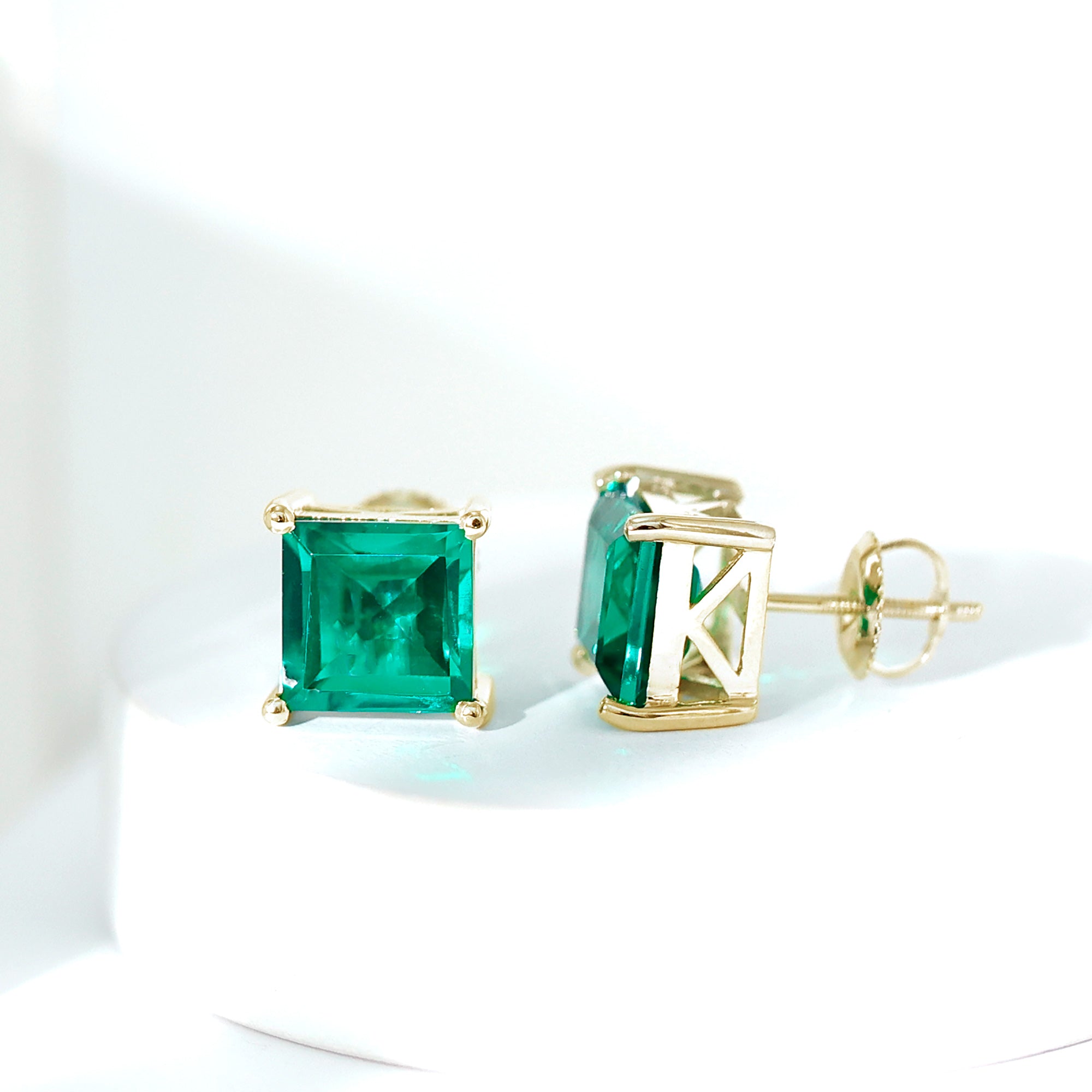 4 Carat Princess Cut Lab Grown Emerald Solitaire Stud Earrings AAAA - Rosec Jewels