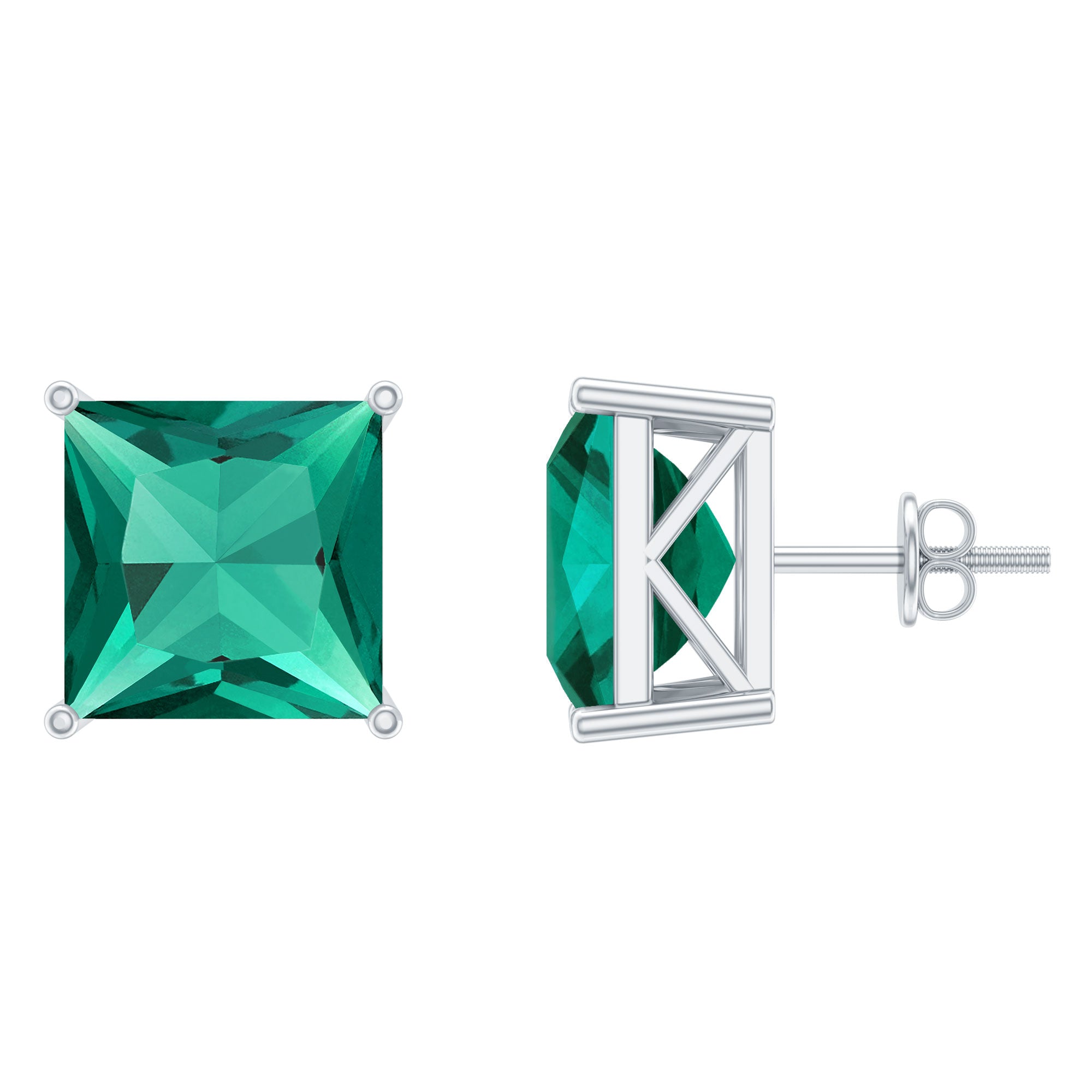 10 Carat Princess Cut Lab Grown Emerald Solitaire Stud Earrings