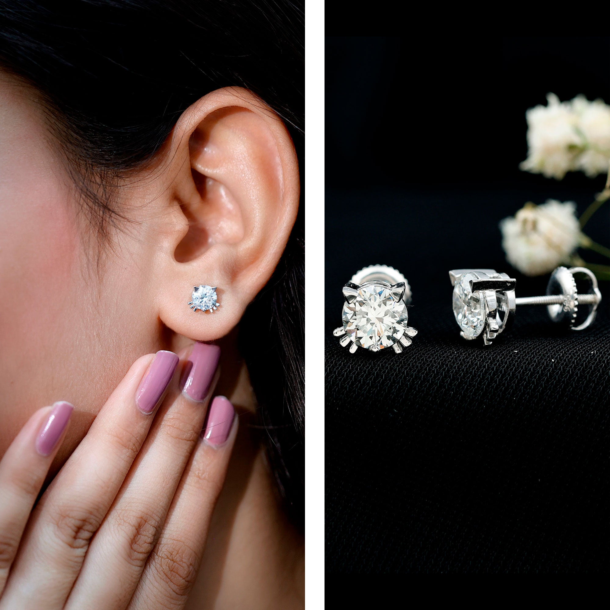 Dainty Round Shape Moissanite Cat Stud Earrings D-VS1 - Rosec Jewels