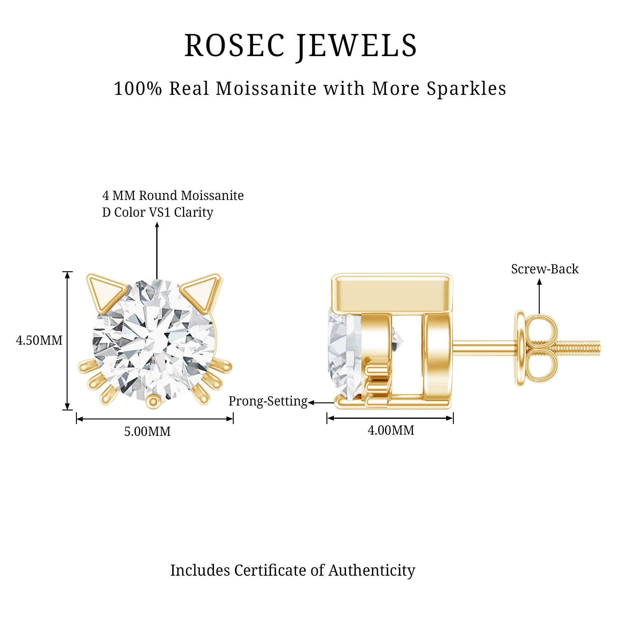 Dainty Round Shape Moissanite Cat Stud Earrings D-VS1 - Rosec Jewels