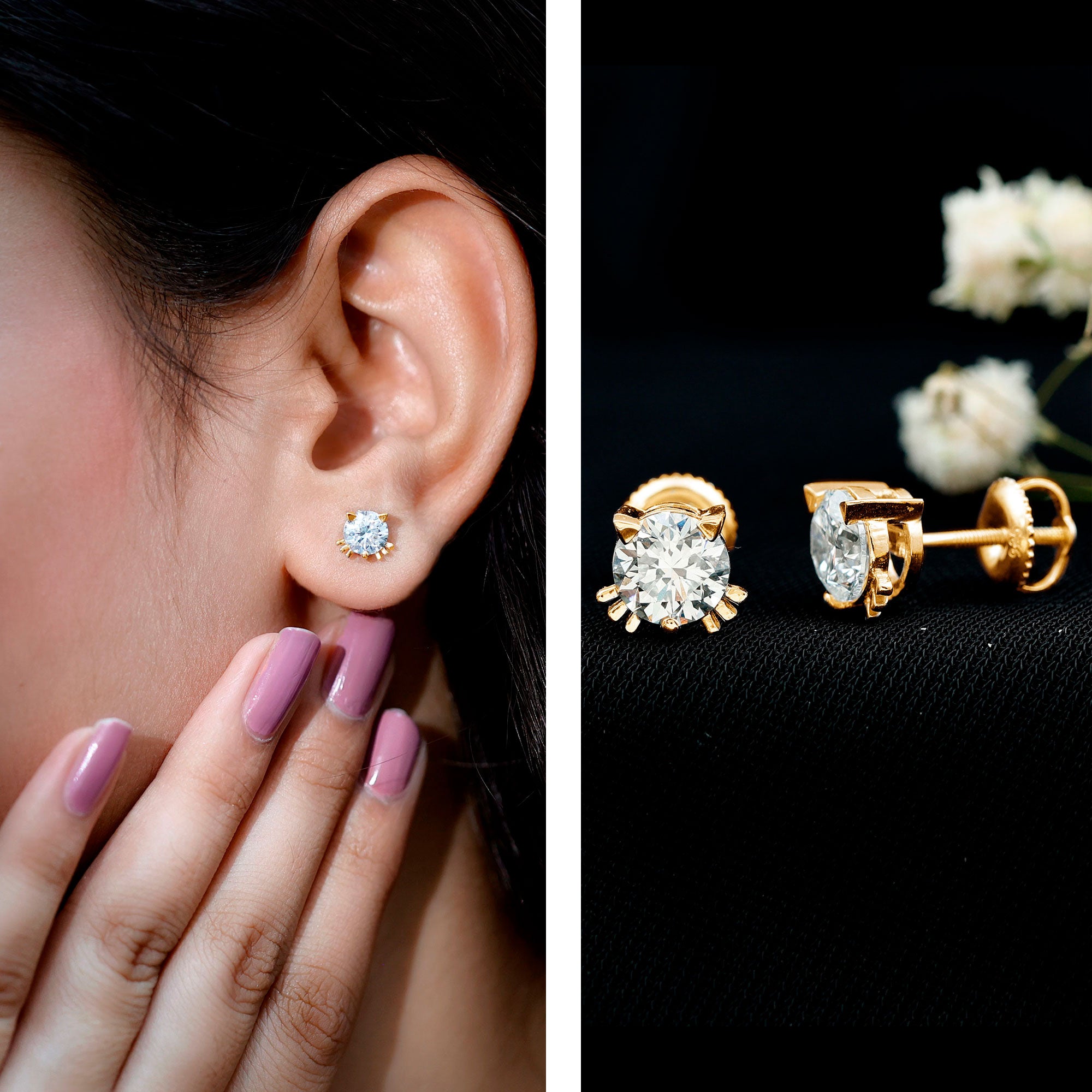 Dainty Round Shape Moissanite Cat Stud Earrings D-VS1 - Rosec Jewels