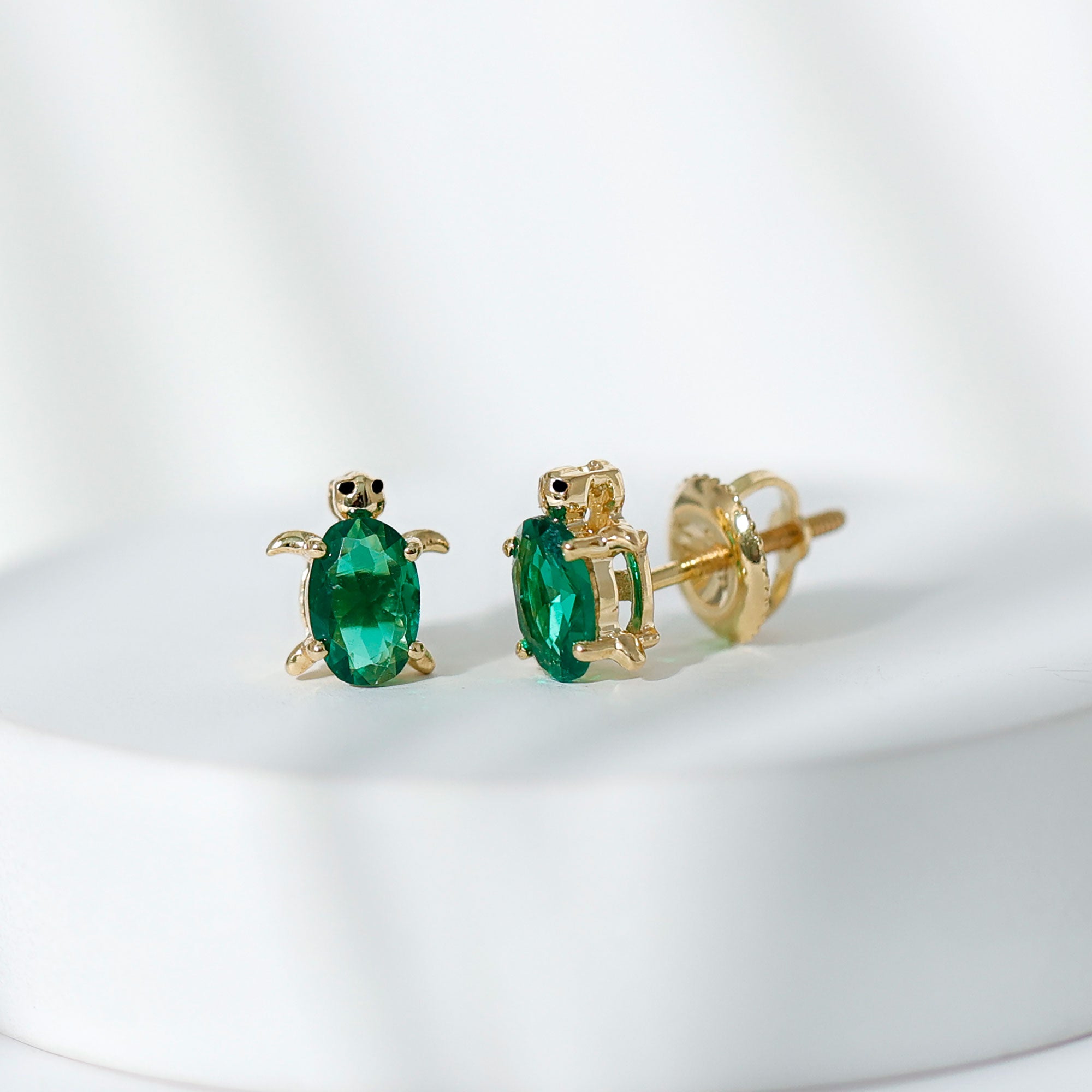 1 Carat Oval Shape Lab Created Emerald Cute Turtle Stud Earrings AAAA - Rosec Jewels
