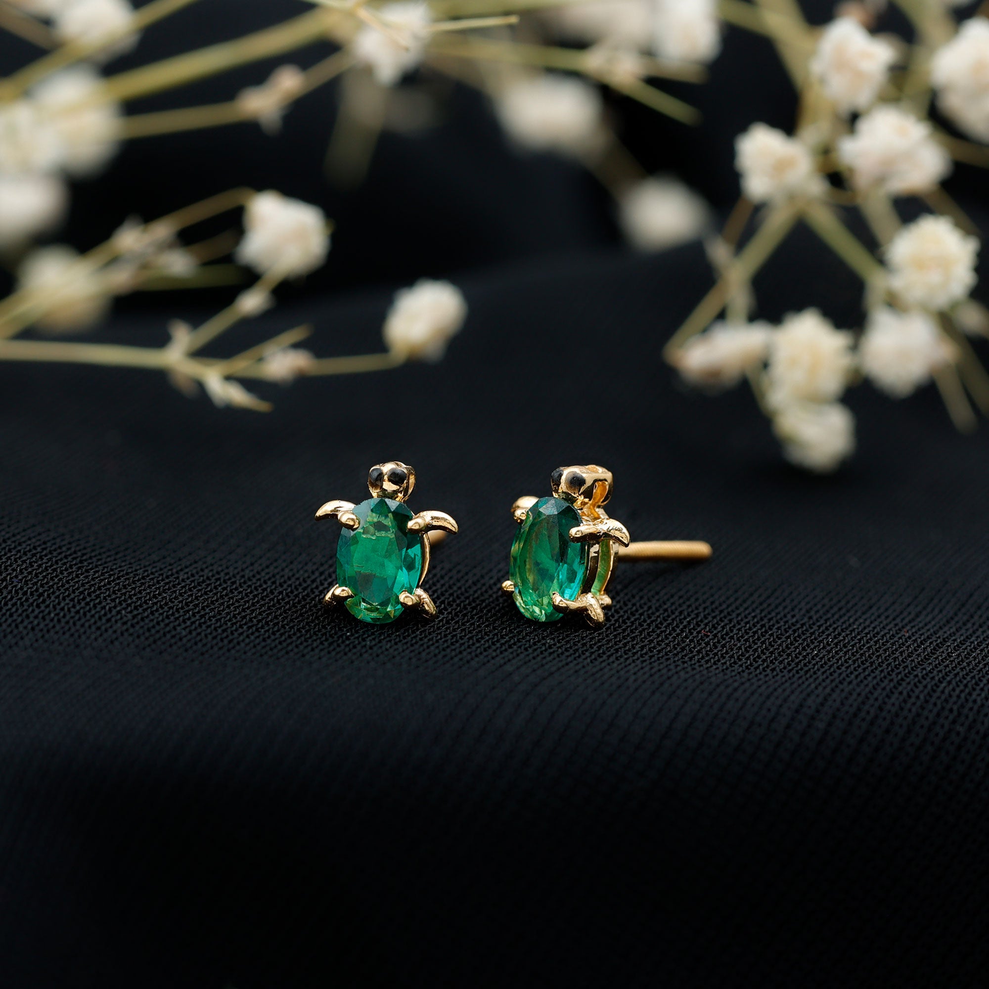 1 Carat Oval Shape Lab Created Emerald Cute Turtle Stud Earrings AAAA - Rosec Jewels
