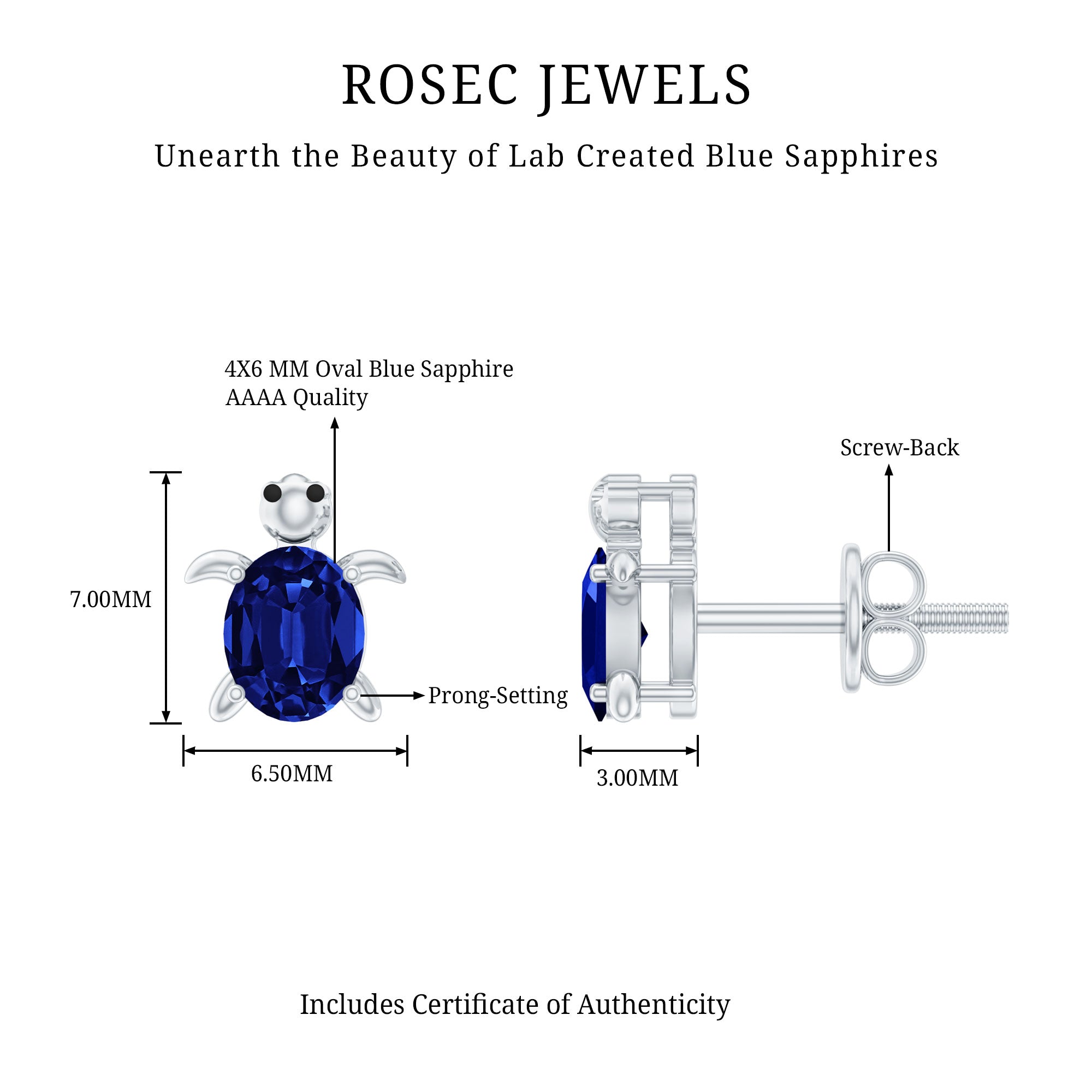 1.2 Carat Lab Created Blue Sapphire Turtle Stud Earrings AAAA - Rosec Jewels