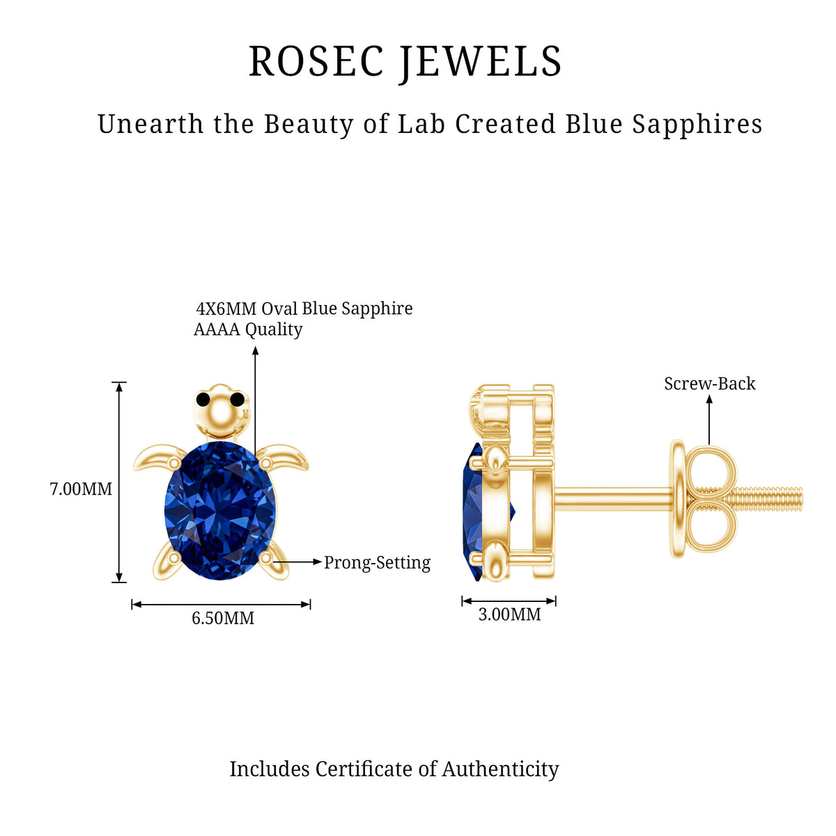 1.2 Carat Lab Created Blue Sapphire Turtle Stud Earrings AAAA - Rosec Jewels