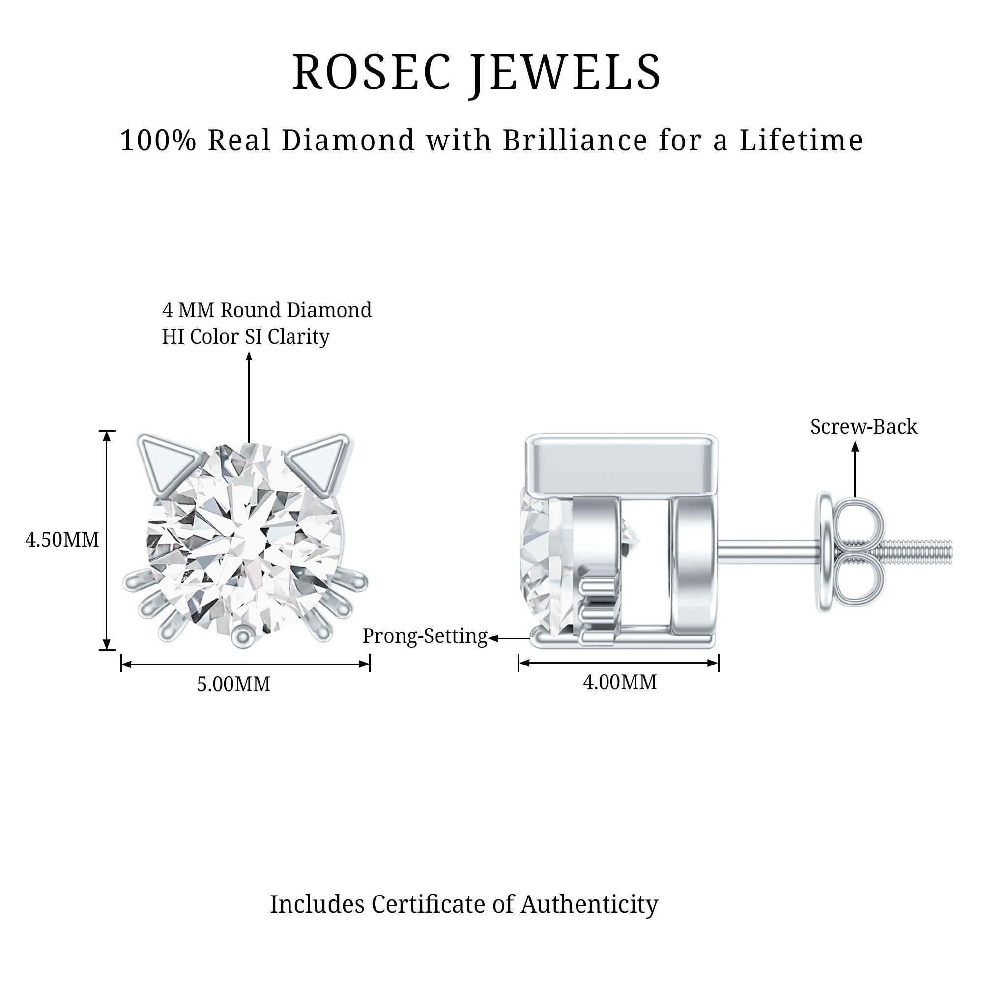 Natural Diamond Cat Stud Earrings Natural - ( HI-SI ) - Rosec Jewels