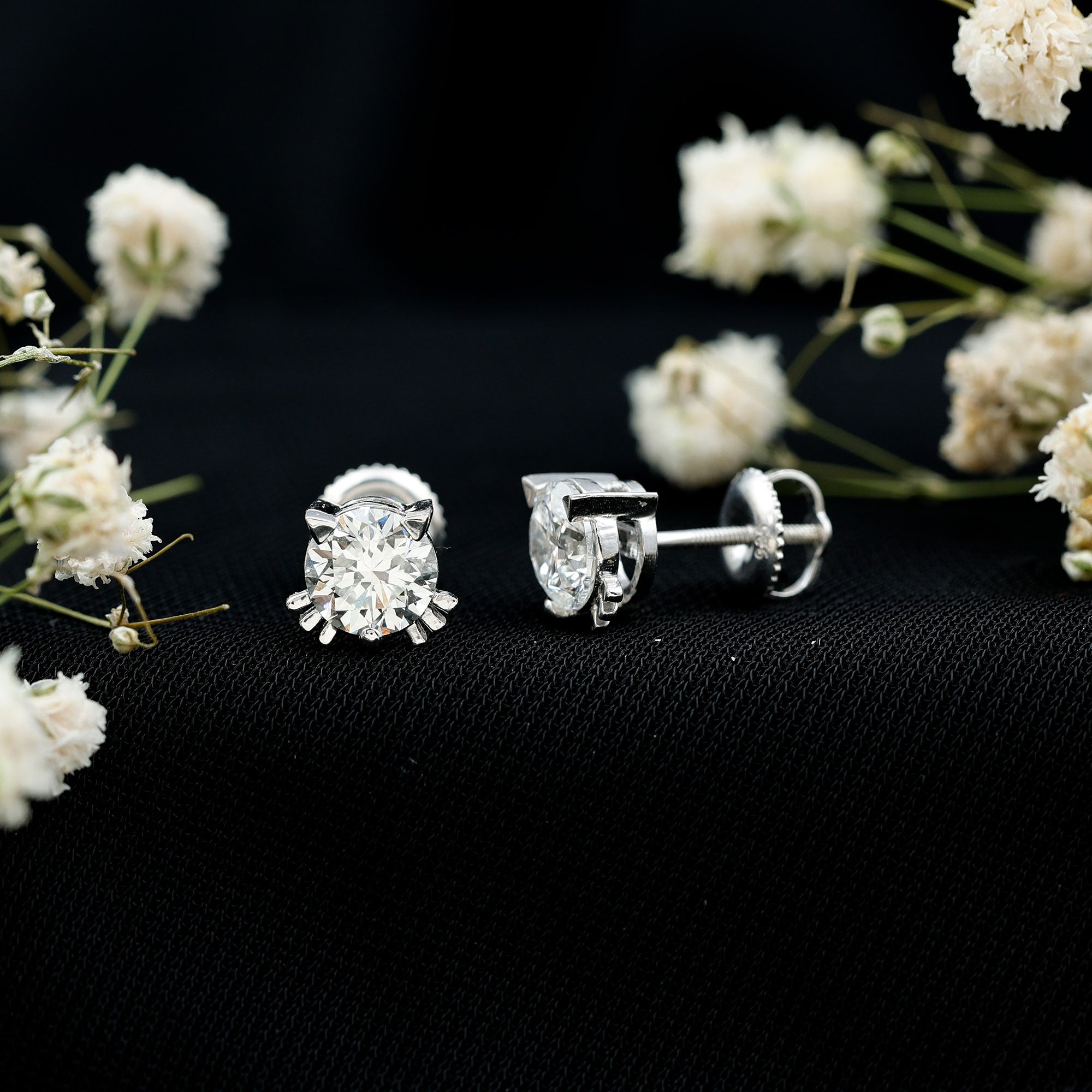 Natural Diamond Cat Stud Earrings Natural - ( HI-SI ) - Rosec Jewels