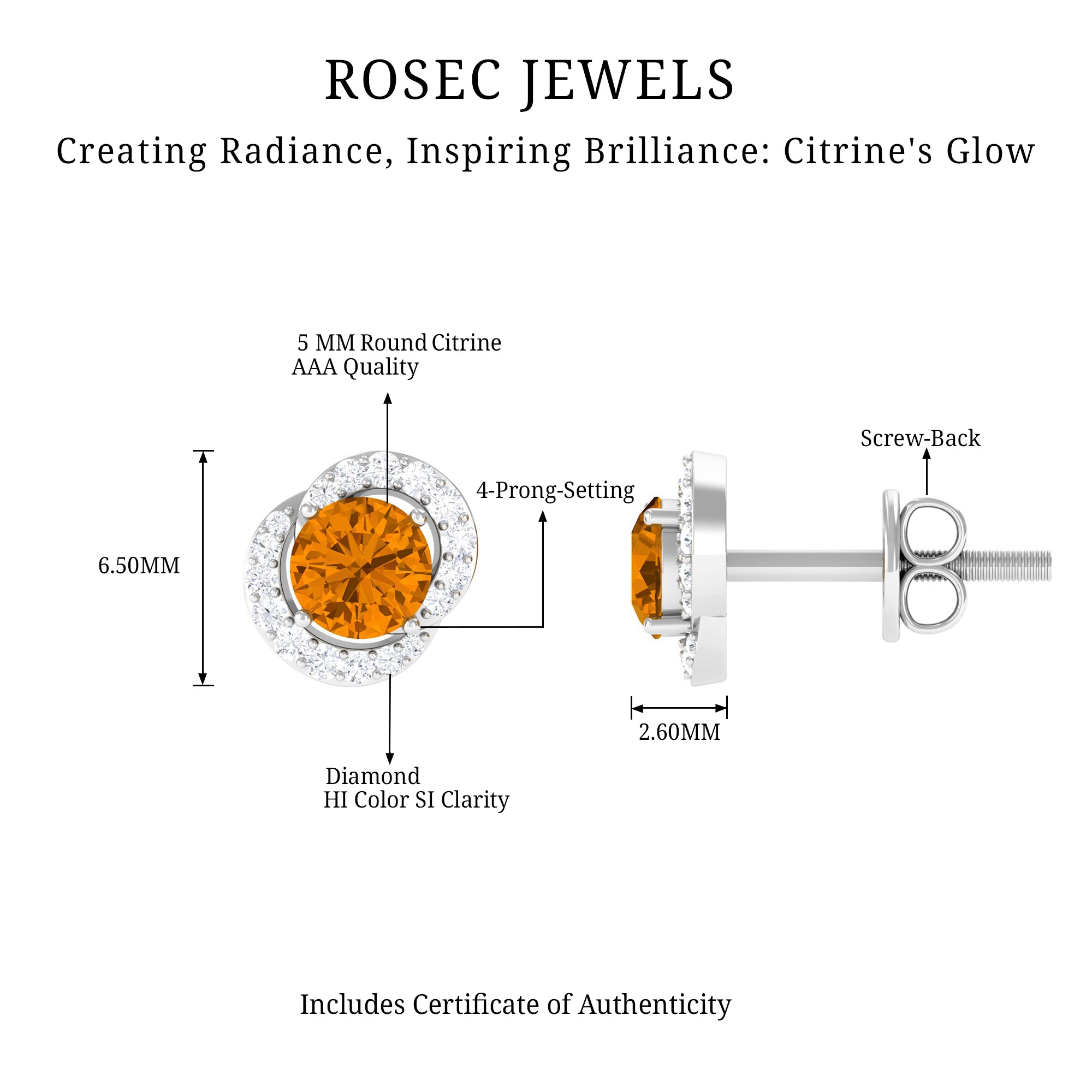 Round Citrine and Diamond Stud Earrings AAA - Rosec Jewels