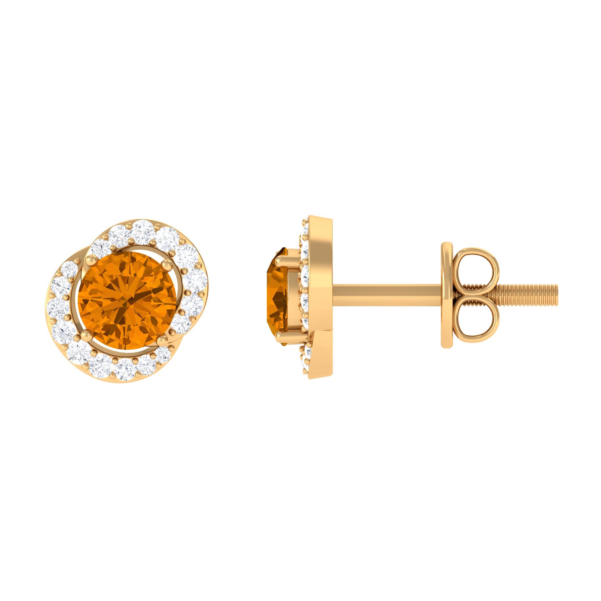 Round Citrine and Diamond Stud Earrings AAA - Rosec Jewels