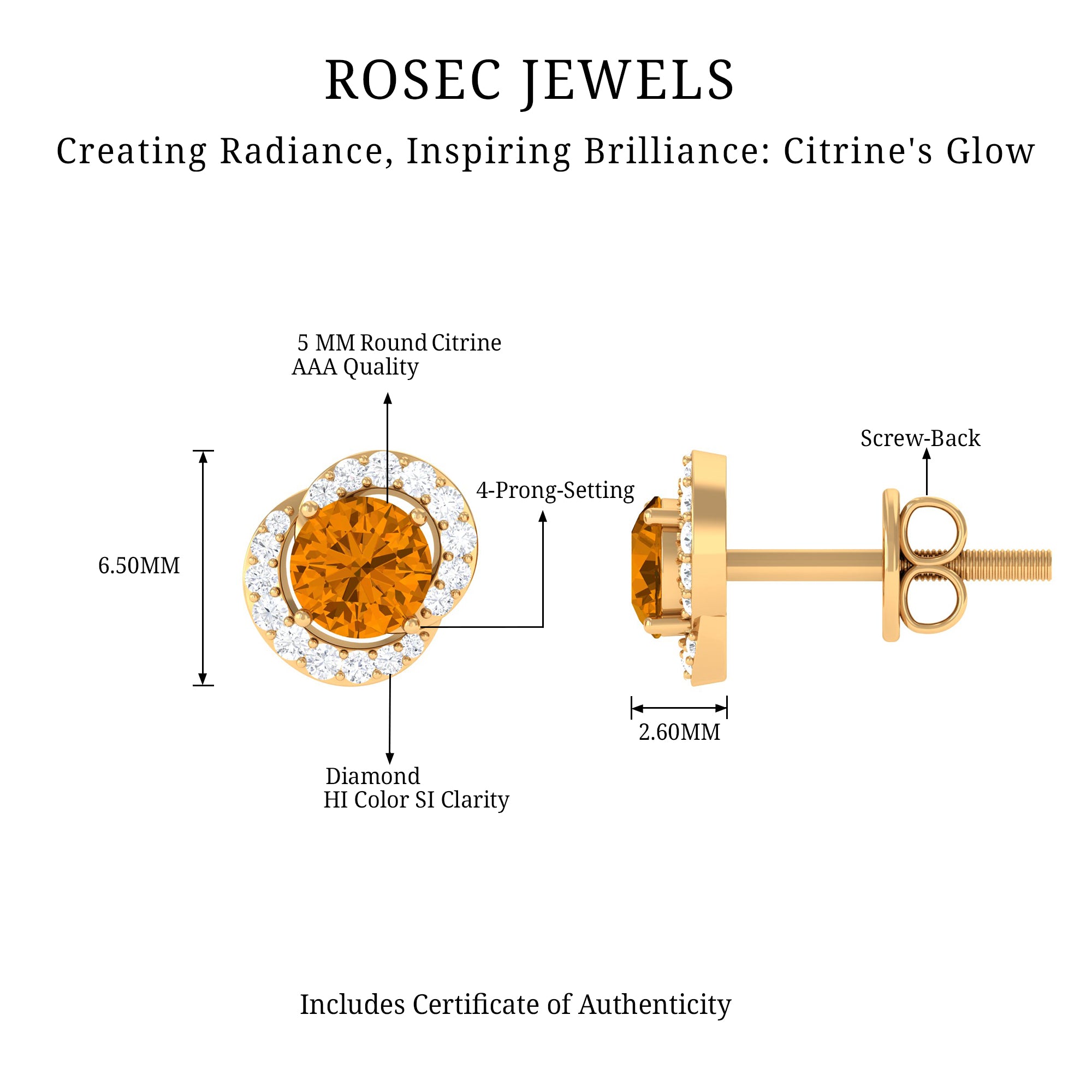 Round Citrine and Diamond Stud Earrings AAA - Rosec Jewels