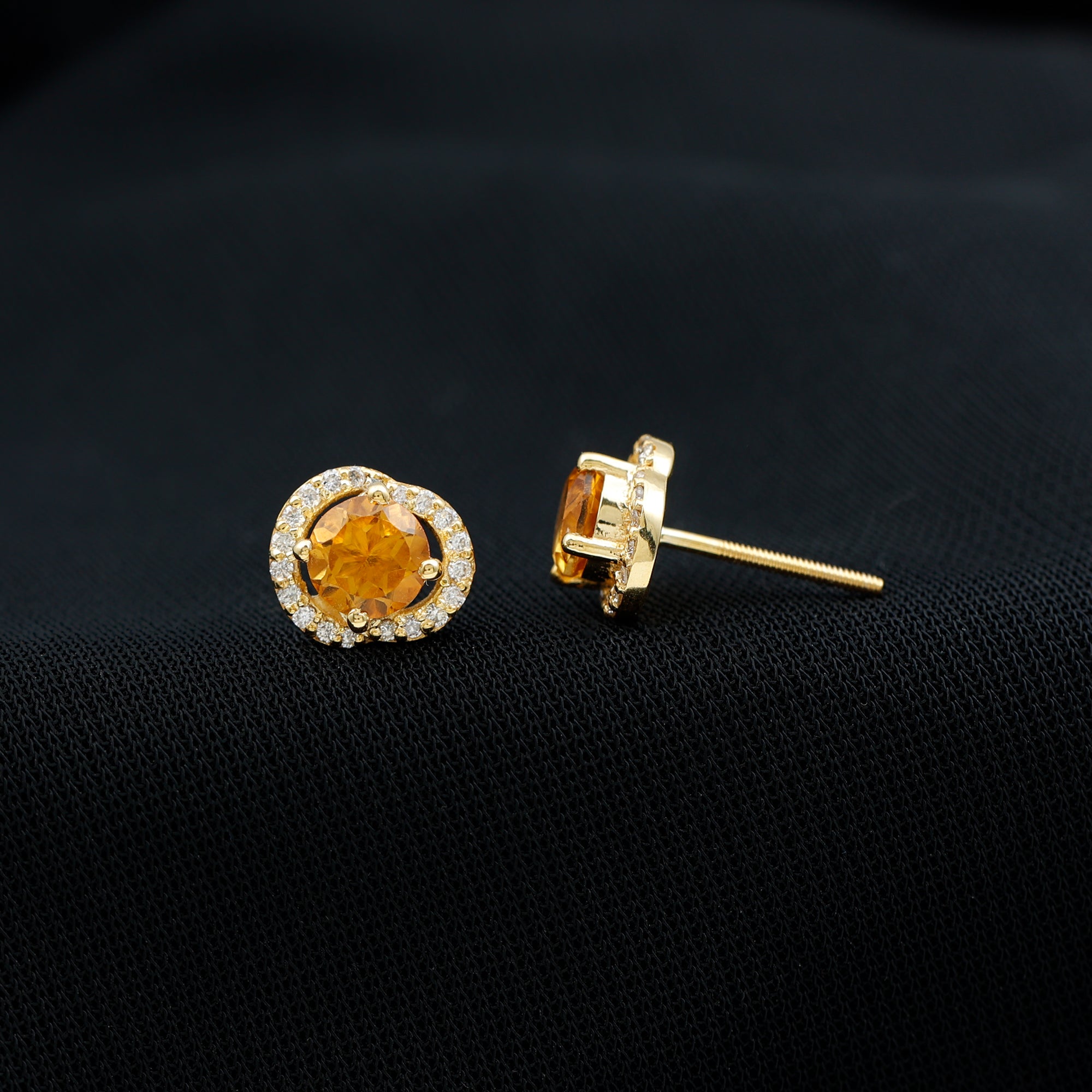 Round Citrine and Diamond Stud Earrings AAA - Rosec Jewels