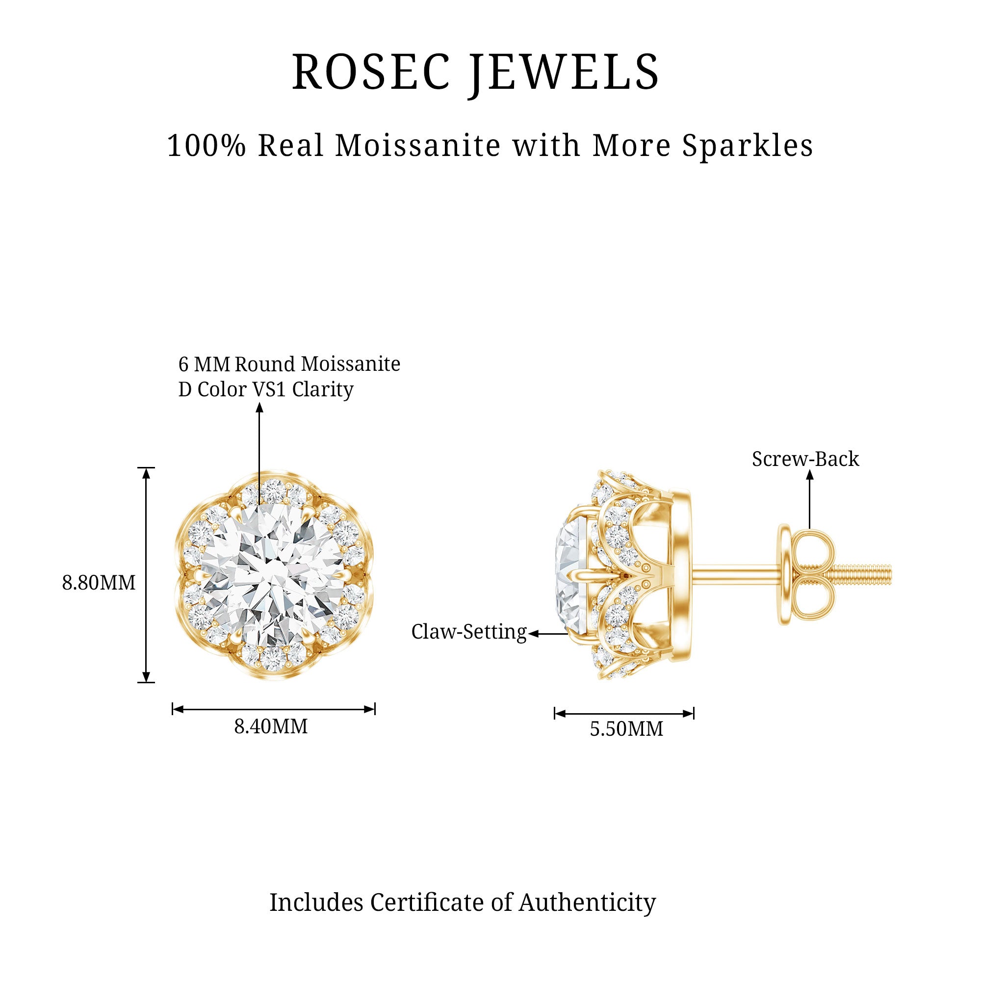 Certified 2 Carat Moissanite Flower Stud Earrings D-VS1 - Rosec Jewels
